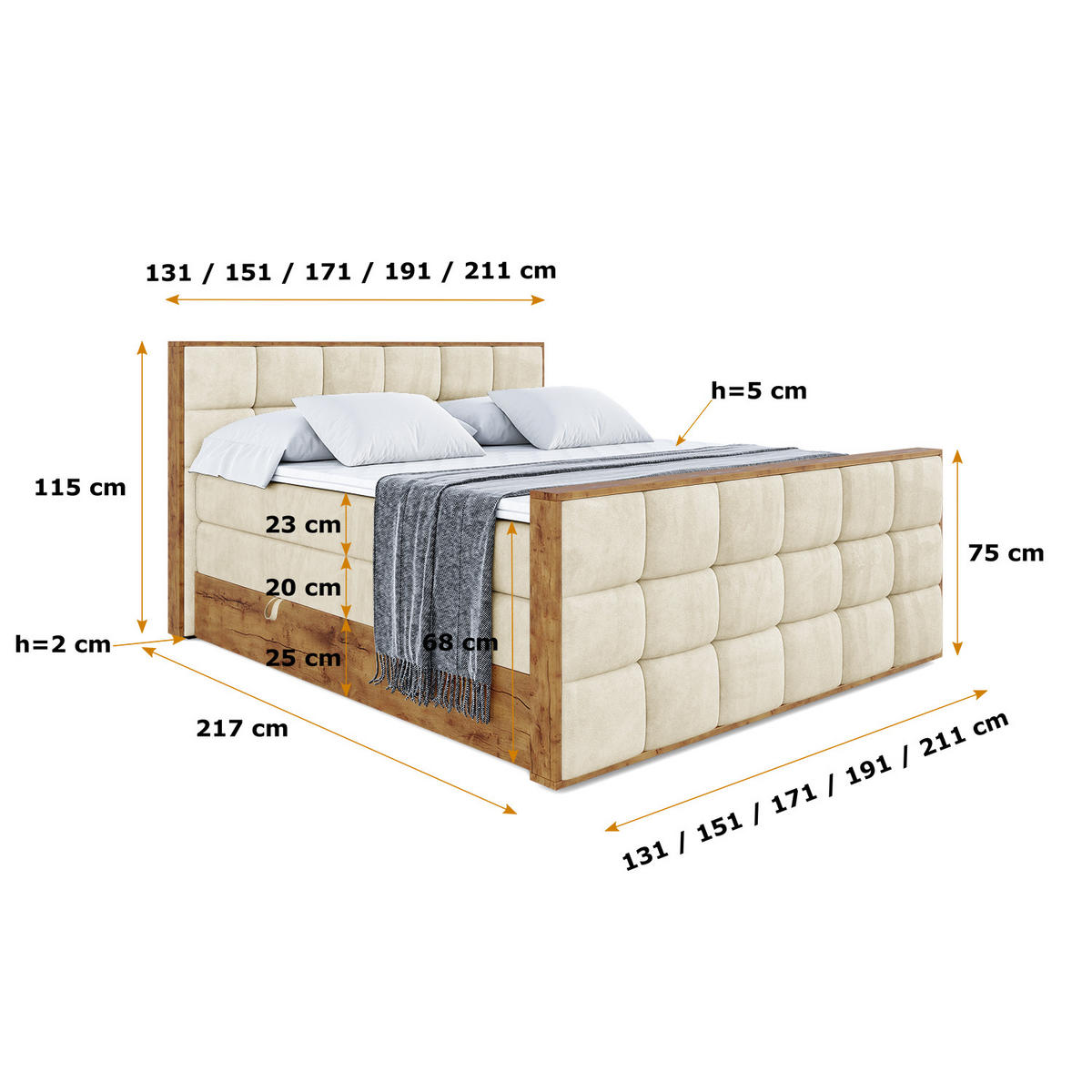 BOXSPRINGBETT mit Matratze H3|H4 und Lattenrost - LOLLI2-Z KING-160x200 - Beige Monolith - Beige, Holzwerkstoff (160/200cm) - ALTDECOR