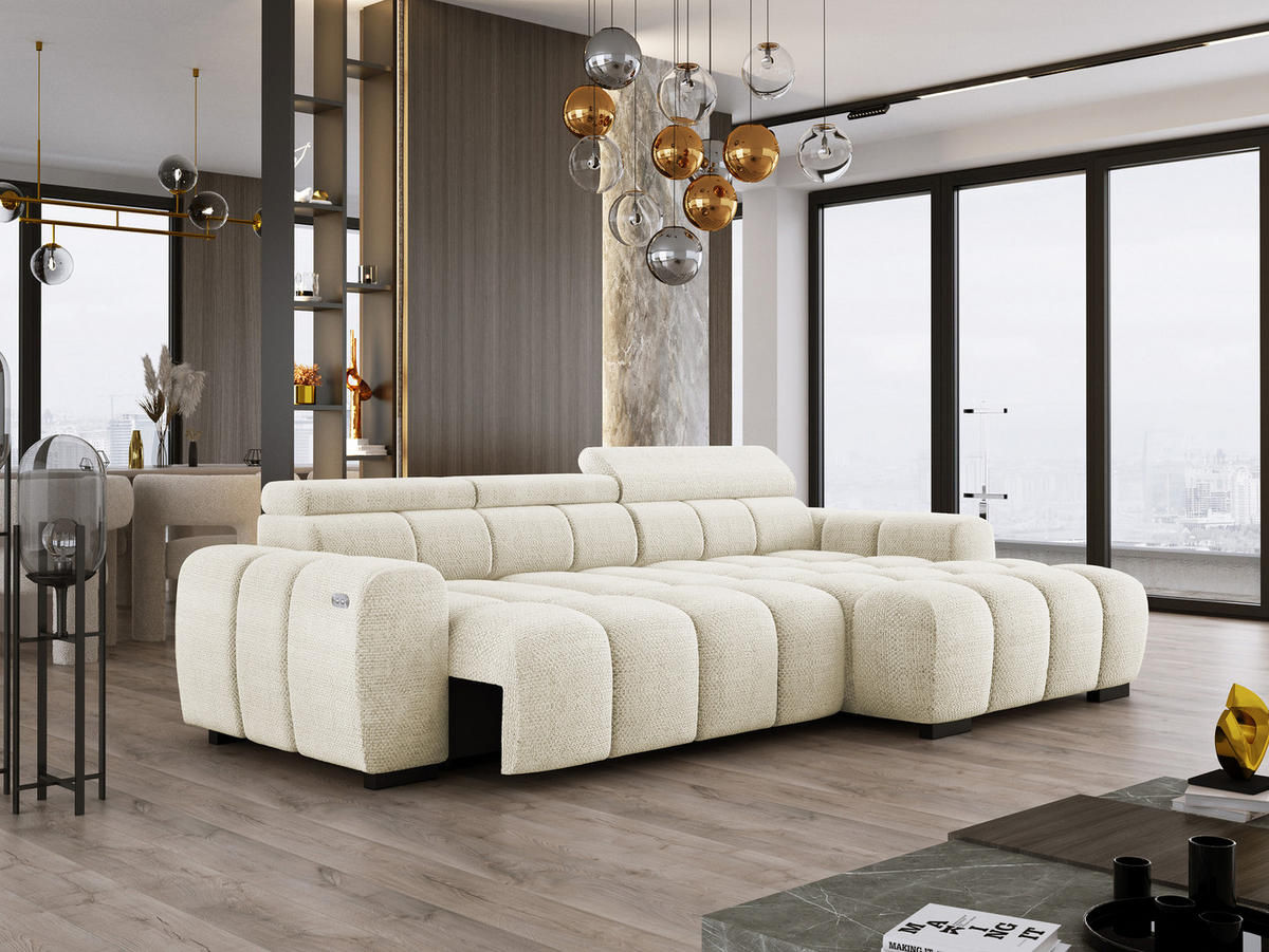 ECKSOFA OMBO 285x168x77/97 cm, Rechts, Schlaffunktion, elektr. Sitz, Kopfstützen, hydrophober EDEN-Stoff – Weiß - Weiß, Holz/Textil (285/168cm) - DomoHome
