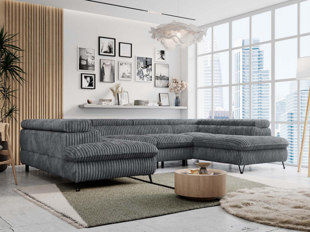 WOHNLANDSCHAFT PETER U Cord Dunkelgrau - Dunkelgrau/Schwarz, Textil/Metall (346/76/208cm) - MKS