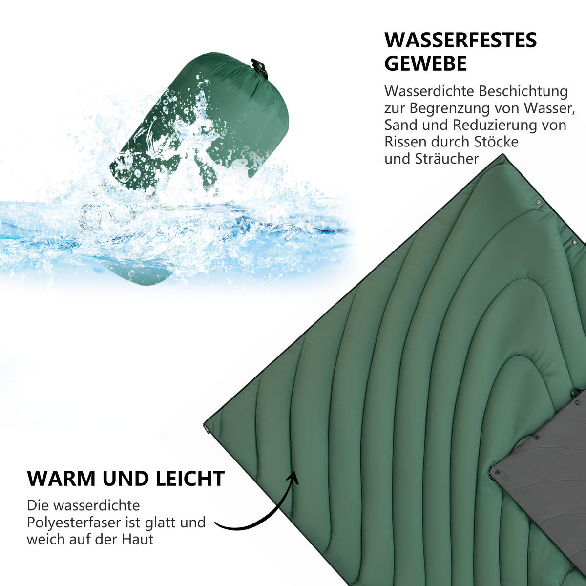 DECKE wasserdicht warm mit Aufbewahrungstasche 192 x 132 cm - Grau/Grün, Textil (132/190cm) - Vercart