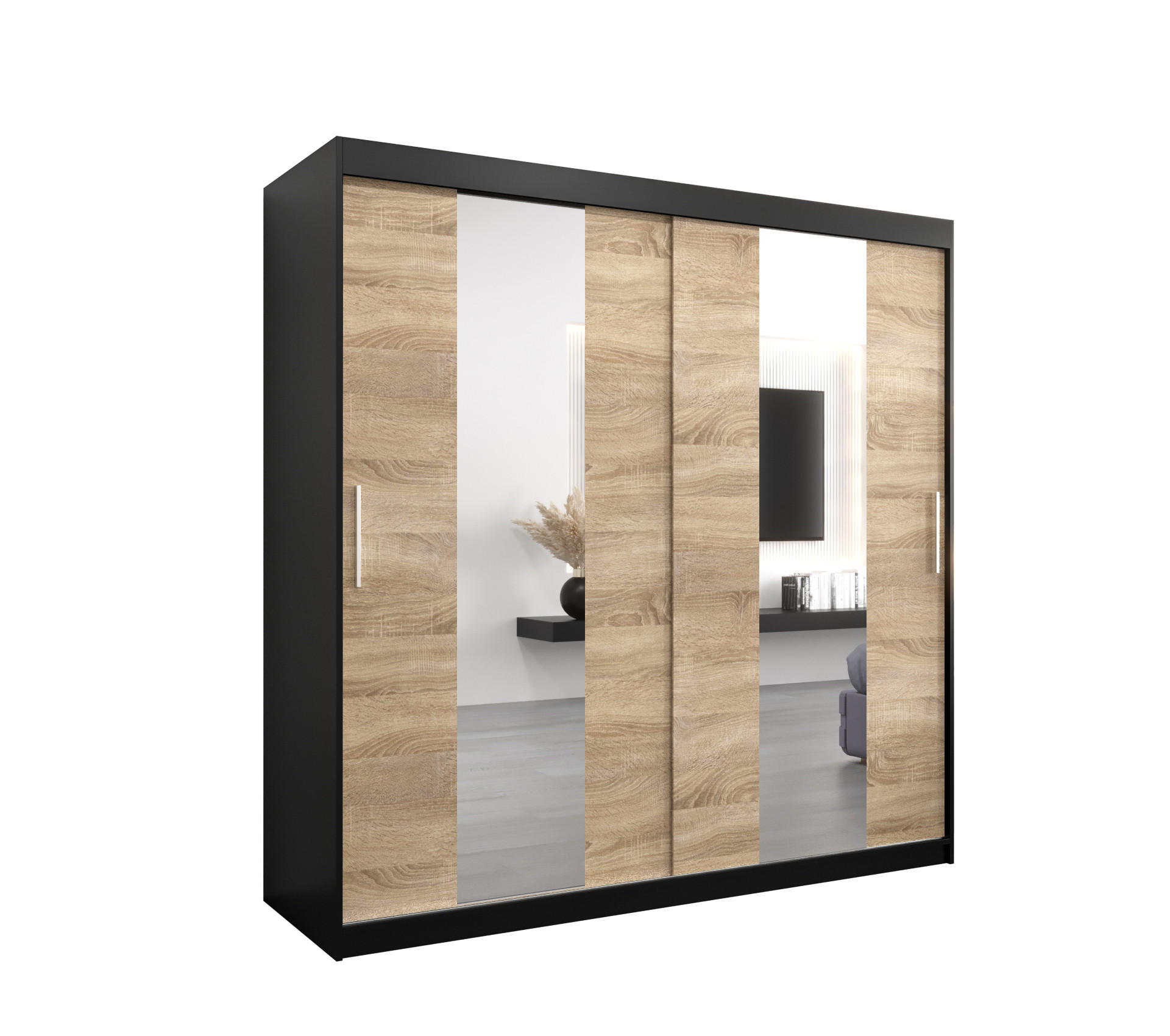 Abiks Möbel Schwebetürenschrank Schwarz, Sonoma Eiche 200x200x62 cm