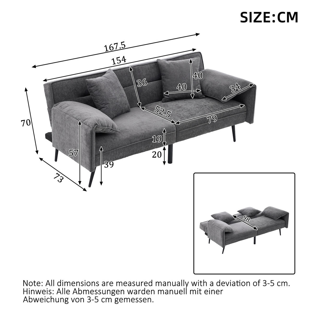 2-SITZER Schlafsofa, Stoff mit 3-fach verstellbarer Rückenlehne, 167,5/73/70 cm, Grau - Grau, Textil (73/70/167.5cm) - Redom