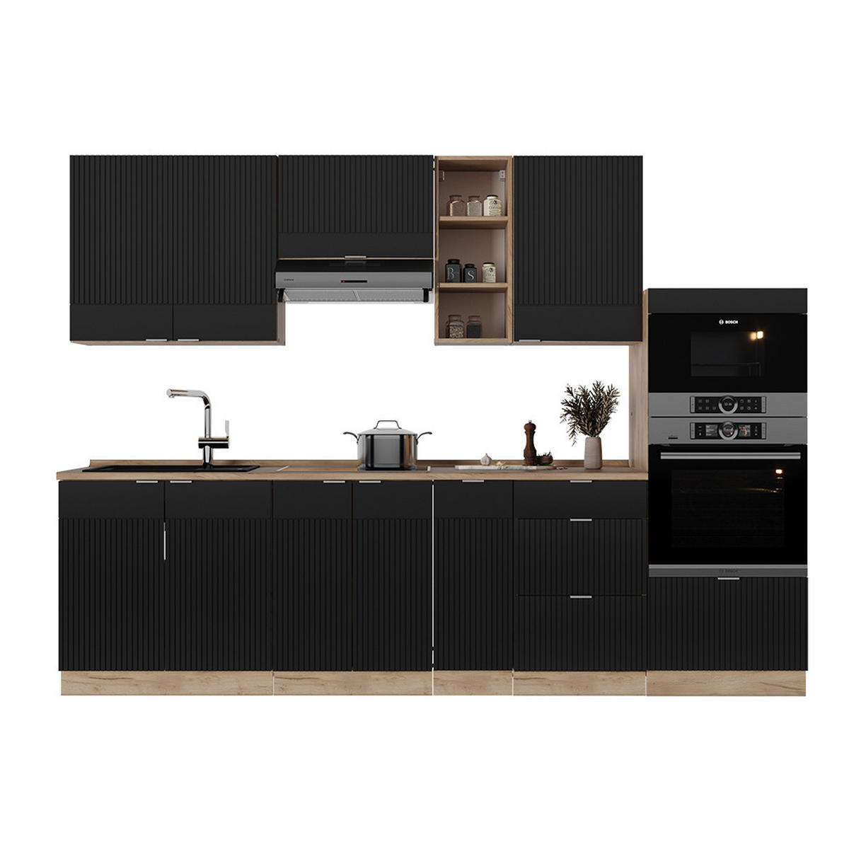 KÜCHENZEILE Fame-Line, Schwarz gestreift/Goldkraft Eiche, 280 cm, AP Eiche - Honigeiche/Schwarz, Holzwerkstoff (280/81.6/60cm) - Vicco