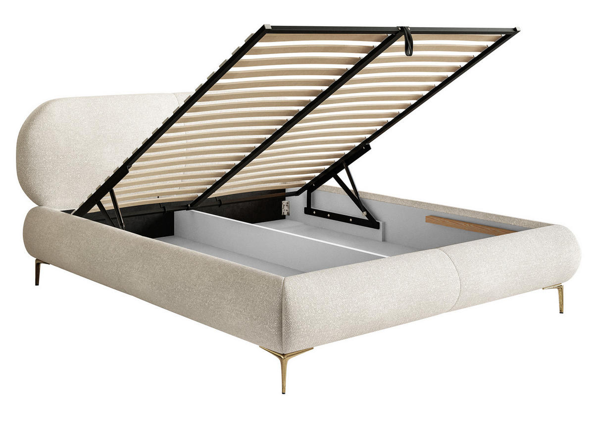 POLSTERBETT Ovalle Cremeweiß mit goldenen Metallbeinen und Bettkasten 160 cm - Goldfarben/Creme, Textil/Metall (160/200cm) - Selsey