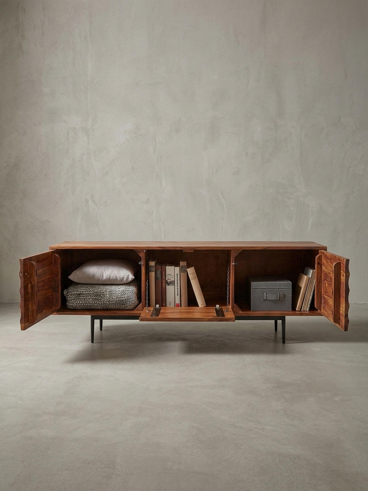 LOWBOARD Mango Massivholz Metall Industrial Stil für Fernseher bis 55 Zoll - Schwarz/Braun, Holz/Metall (147/50/38cm) - KADIMA DESIGN