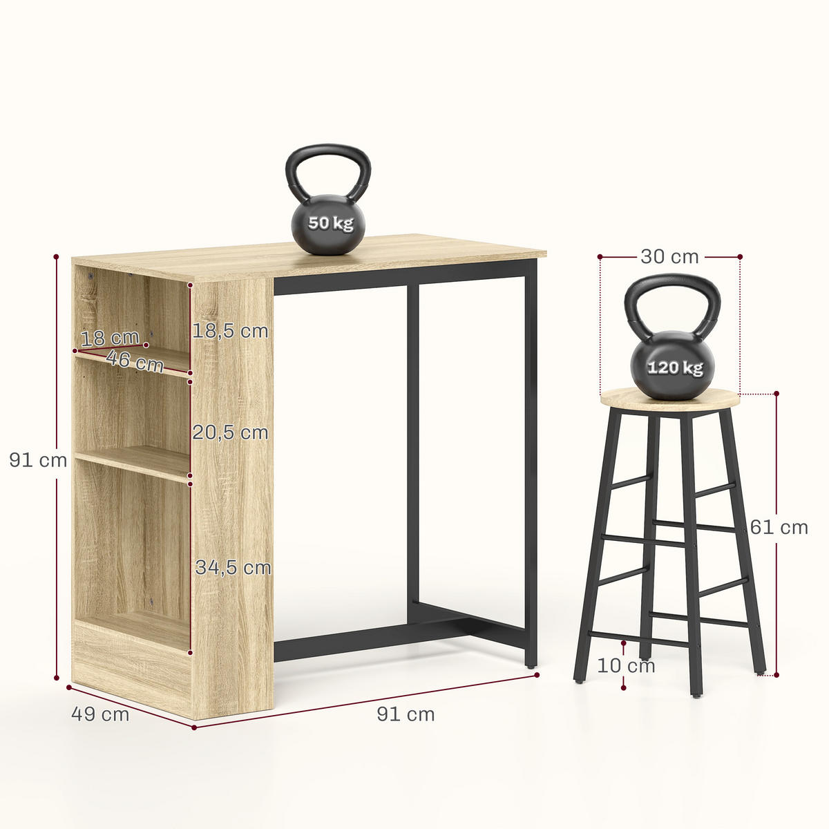 BAR-SET Eichefarben 91.0/49.0/91.0cm - Eichefarben, Holzwerkstoff (49/91/91cm)