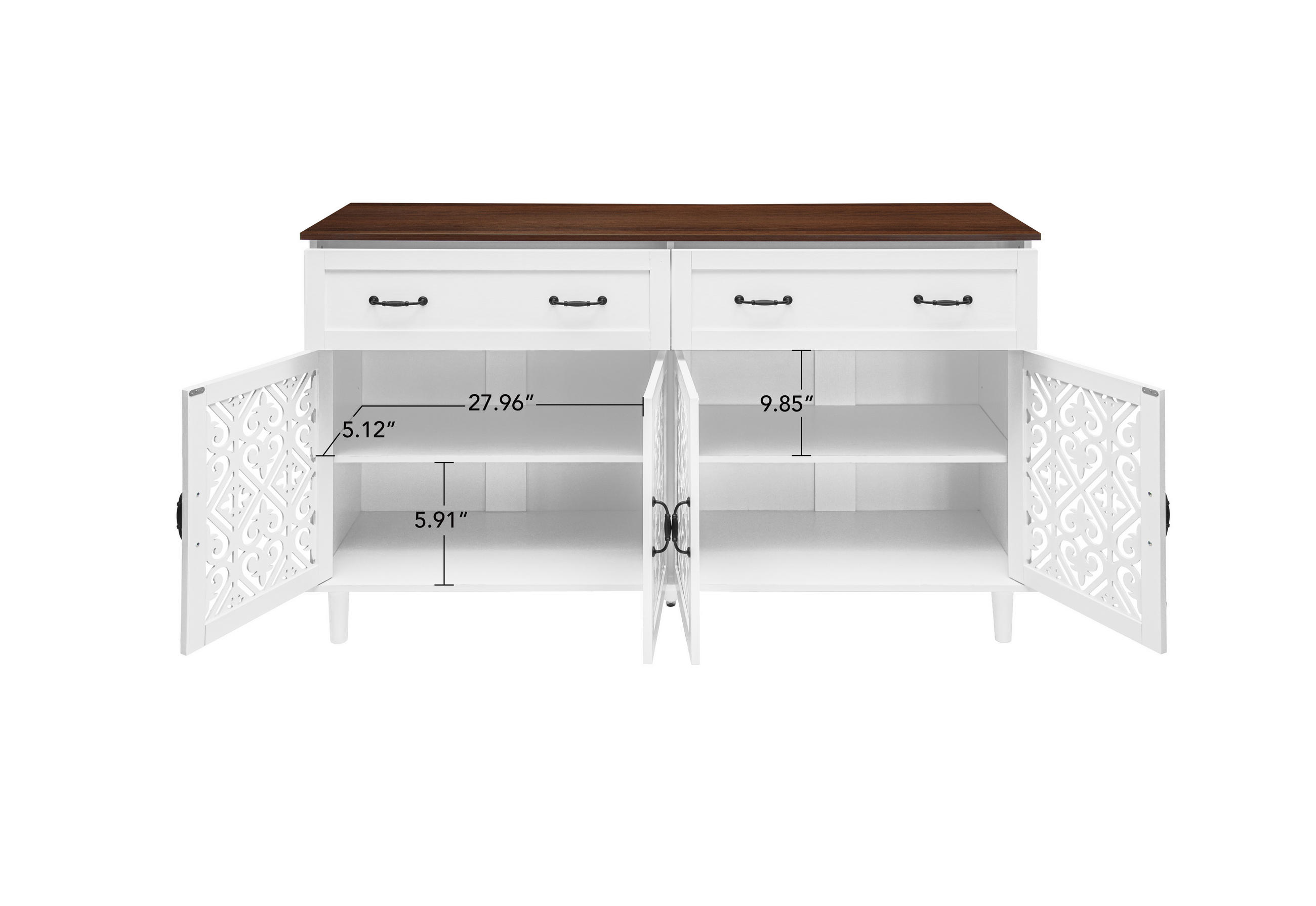 SIDEBOARD aus Spanplatte und Massivholz 150x40x93 cm Weiß mit 4 Türen, 2 Schubladen, verstellbaren Einlegeböden und Vintage-Front - Weiß, Holzwerkstoff (150/90.3/40cm) - Modfu