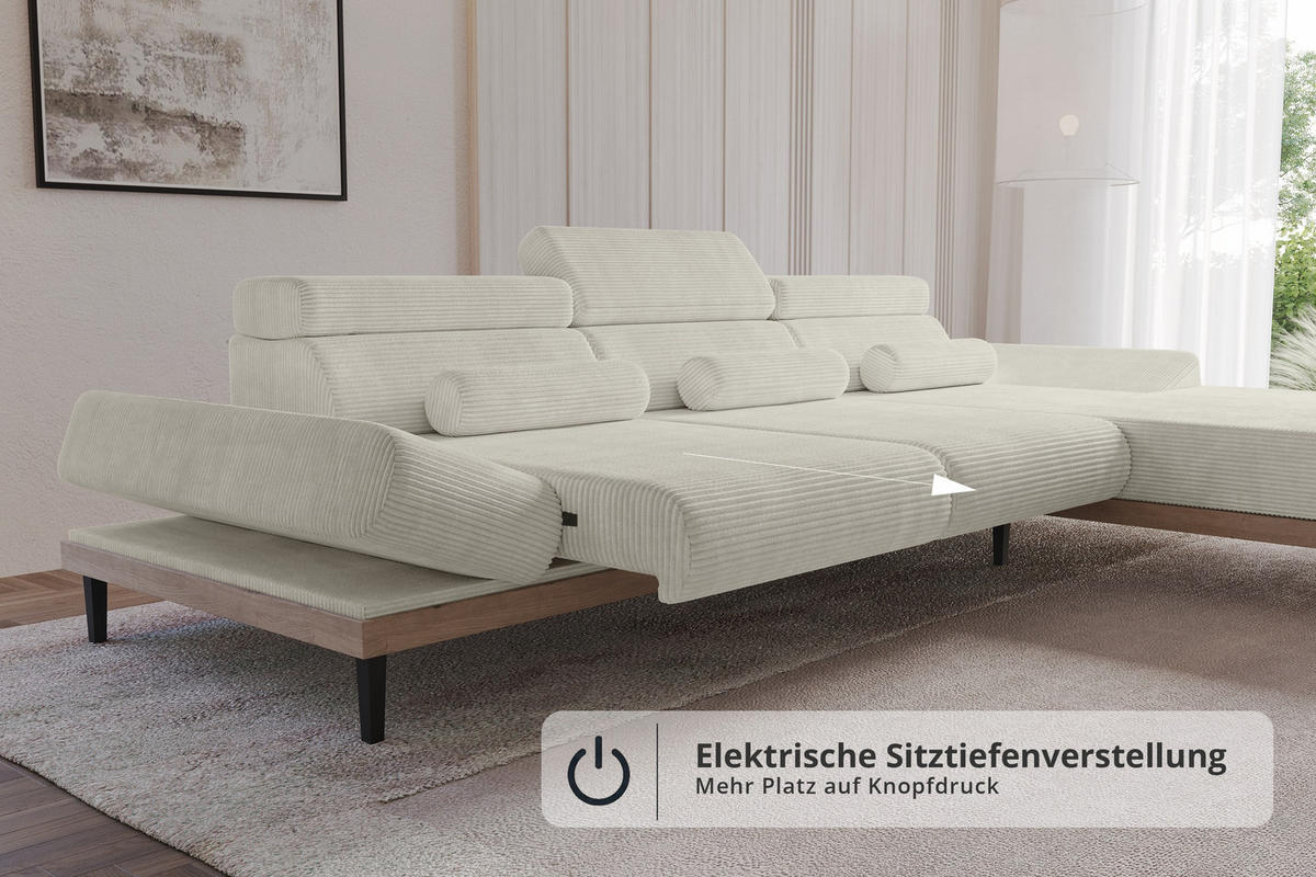 ELEKTRISCHES ECKSOFA Rechts MONA 316x205x85 Creme Cord - Ecru/Creme, Holzwerkstoff/Textil (316/205cm) - ALTDECOR