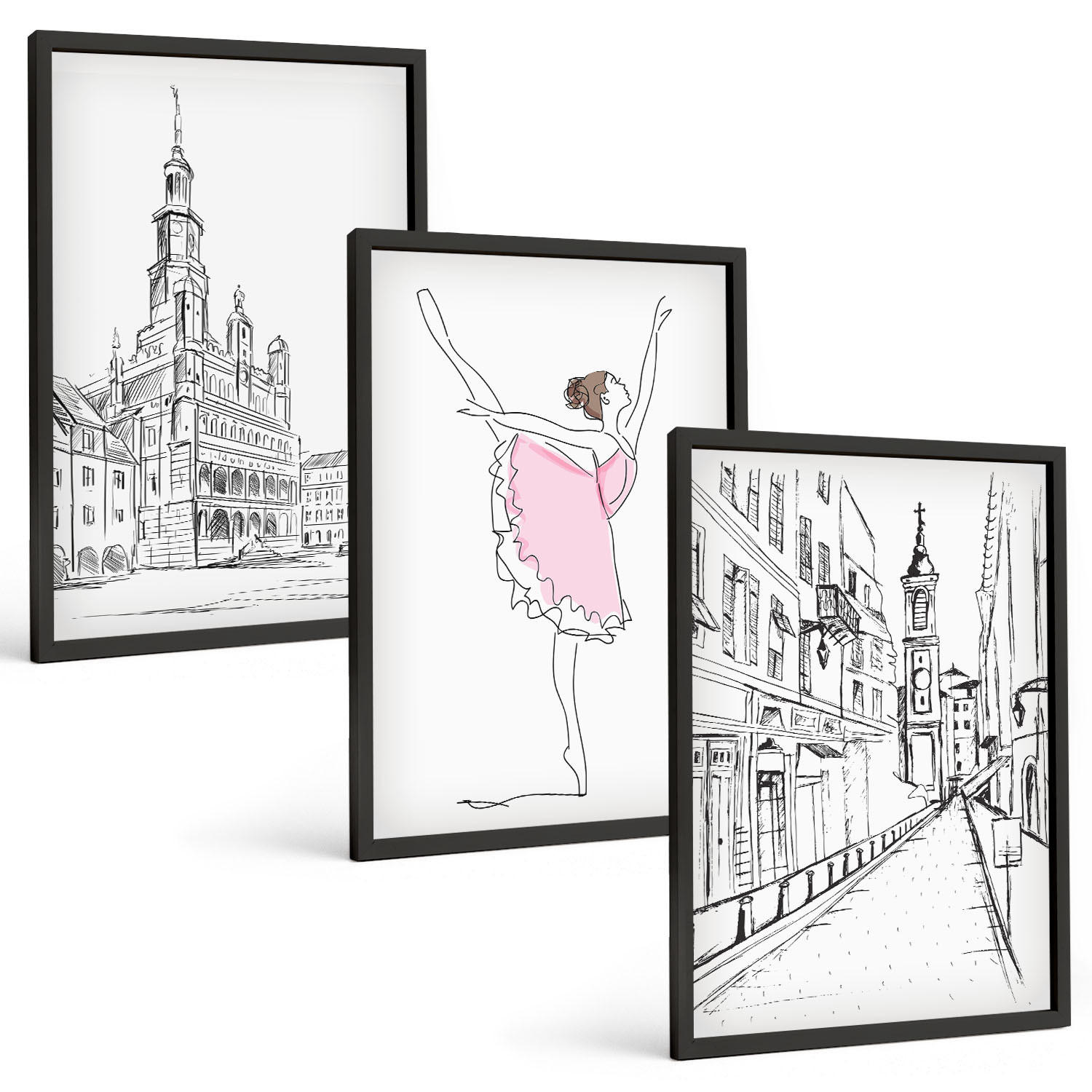 BILDER SET 3er Set - 40x60 cm Schwarzer Rahmen - Stilvolle Ballerinen und Architektur - Schwarz, Kunststoff (40/60cm) - TULUP
