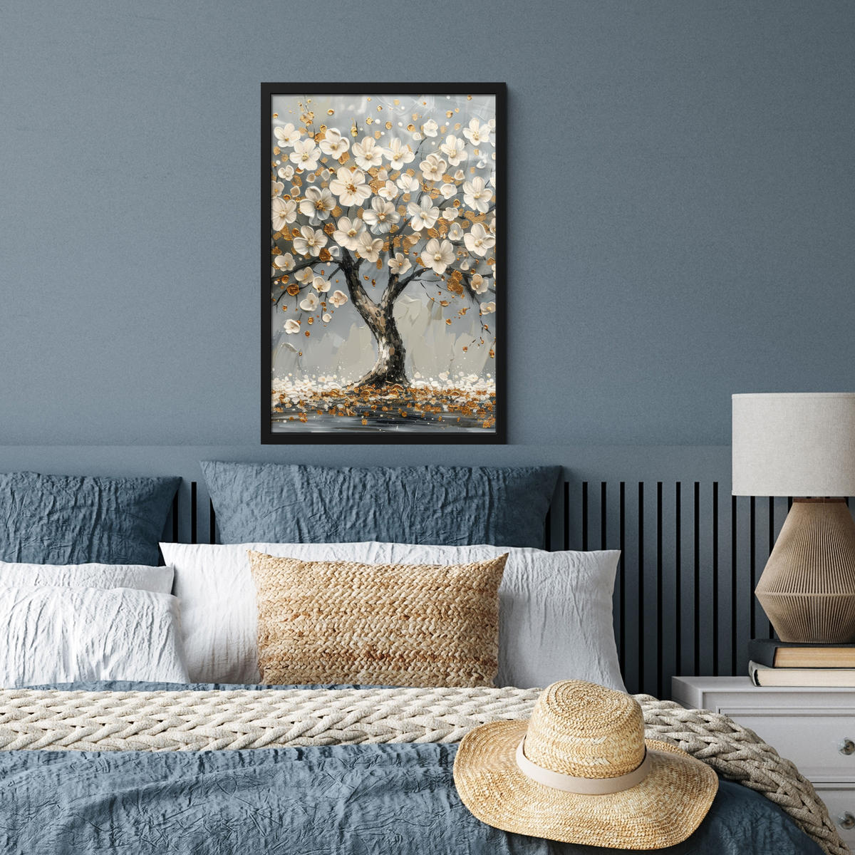 GERAHMTES BILD Baum - Blumen - Weiß - Natur - Kunst 40x60 cm - Weiß, Papier (40/60cm) - MuchoWow