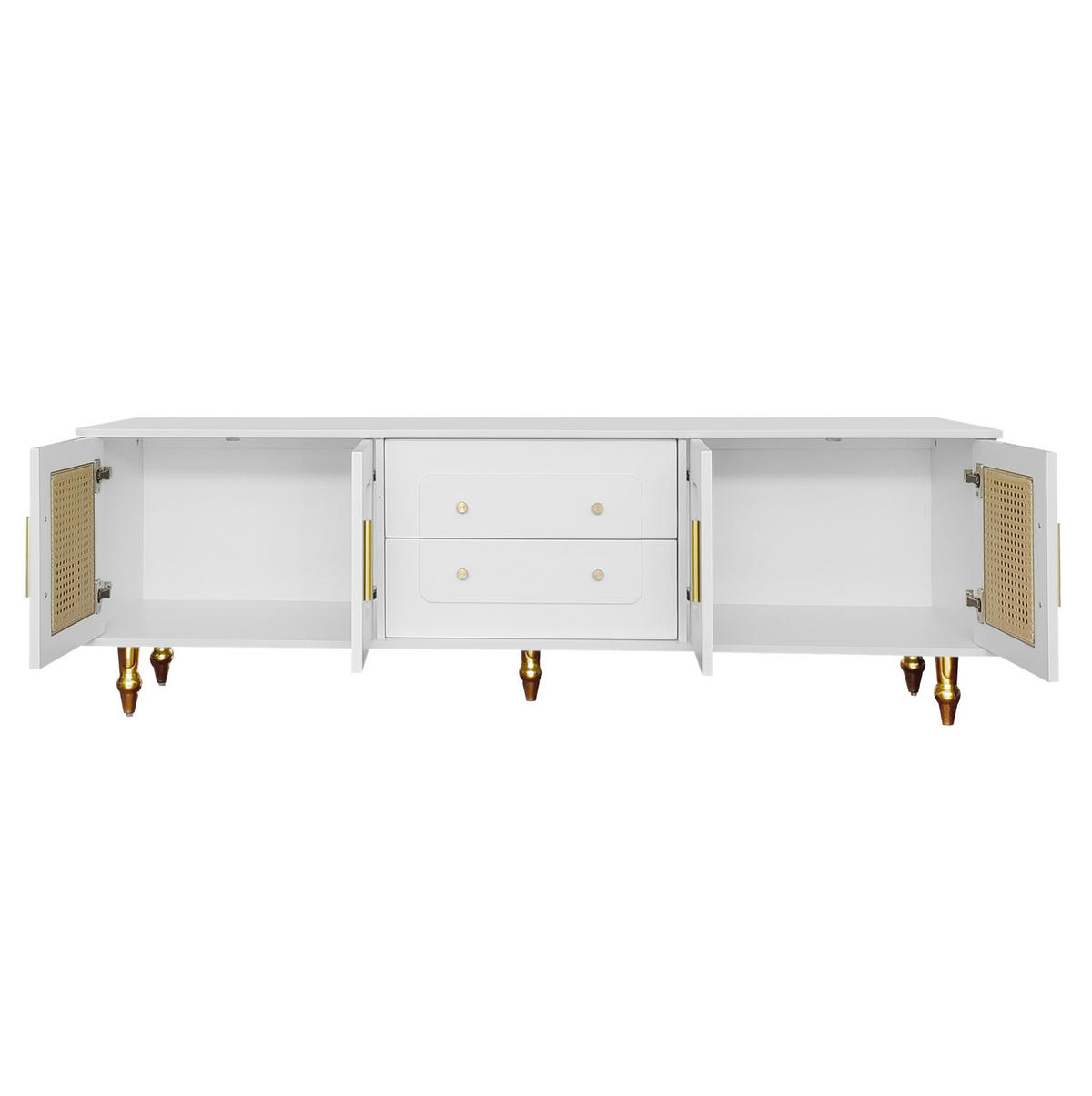 LOWBOARD 175/38/55,5 cm aus Spanplatte mit Rattantüren und Drucköffnung-Schubladen Weiß - Weiß, Holzwerkstoff (175/55.5/38cm) - Modenvie