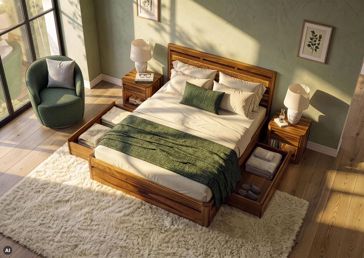HOLZBETT mit Schubladen Sheesham 200x200x90 walnuss gewachst TORONTO LUX #259 - Dunkelbraun, Holz (200/200cm) - Massivmoebel24