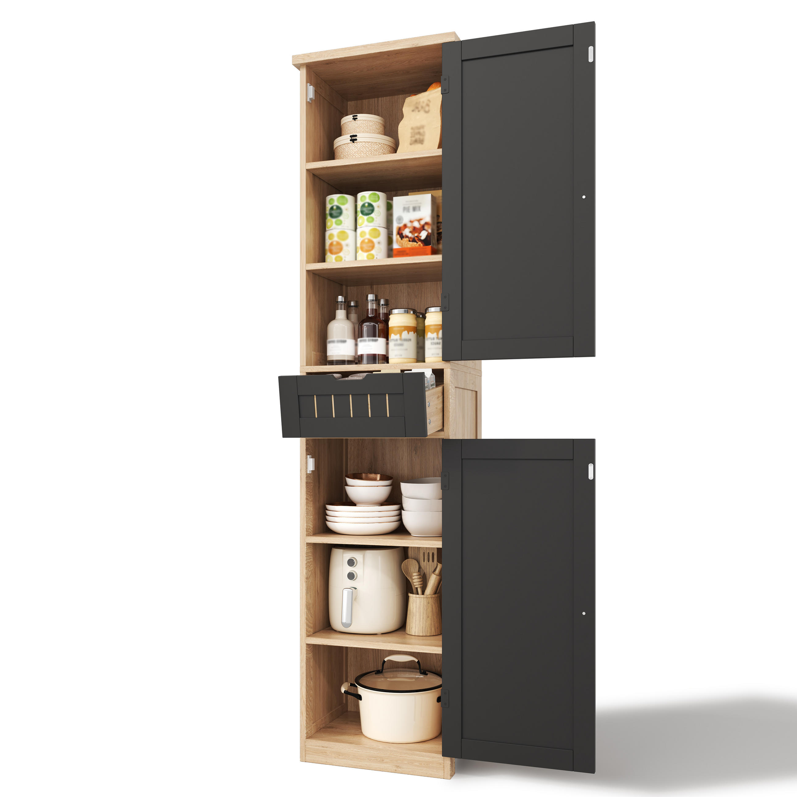 GESCHIRRSCHRANK 170 cm MDF Natur Schwarz mit Türen und verstellbaren Böden - Schwarz, Holzwerkstoff (30/170/40cm) - Korfee