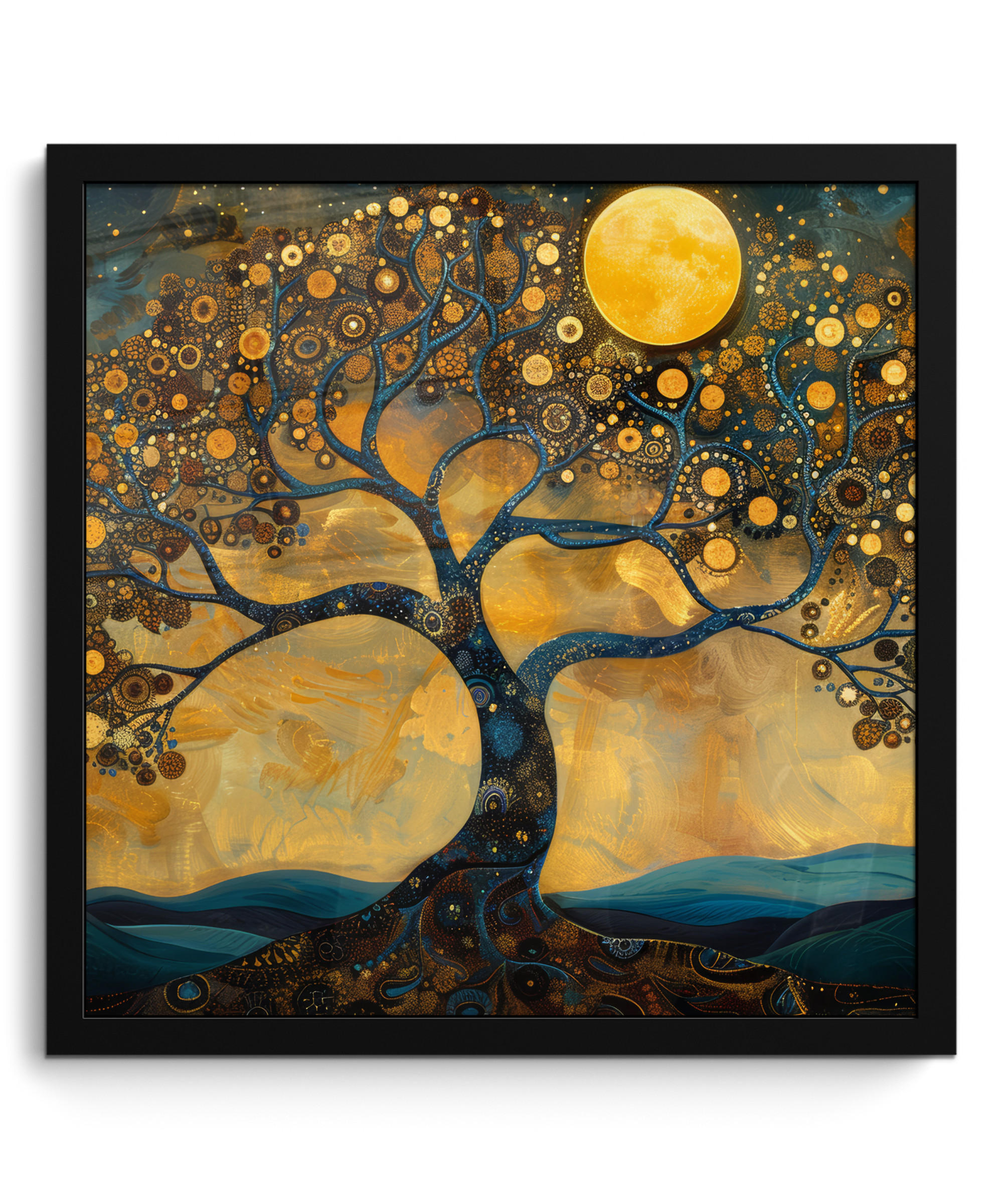 POSTER MIT RAHMENGERAHMTES BILD Baum - Mond - Blumen - Gold - Kunst 40x40 cm - Orange, Papier (40/40cm) - MuchoWow