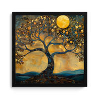 POSTER MIT RAHMENGERAHMTES BILD Baum - Mond - Blumen - Gold - Kunst 40x40 cm - Orange, Papier (40/40cm) - MuchoWow