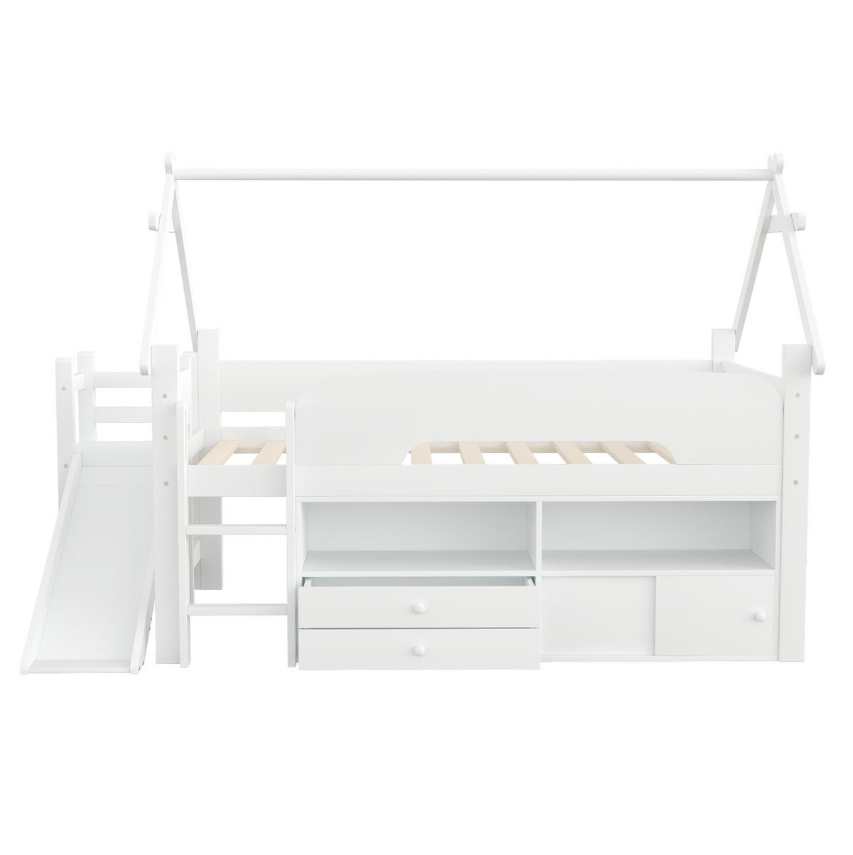 KINDERBETT 90/200 cm weiß aus Massivholz und MDF mit Rutsche und Stauraum - Weiß, Holzwerkstoff (90/200cm) - OKWISH