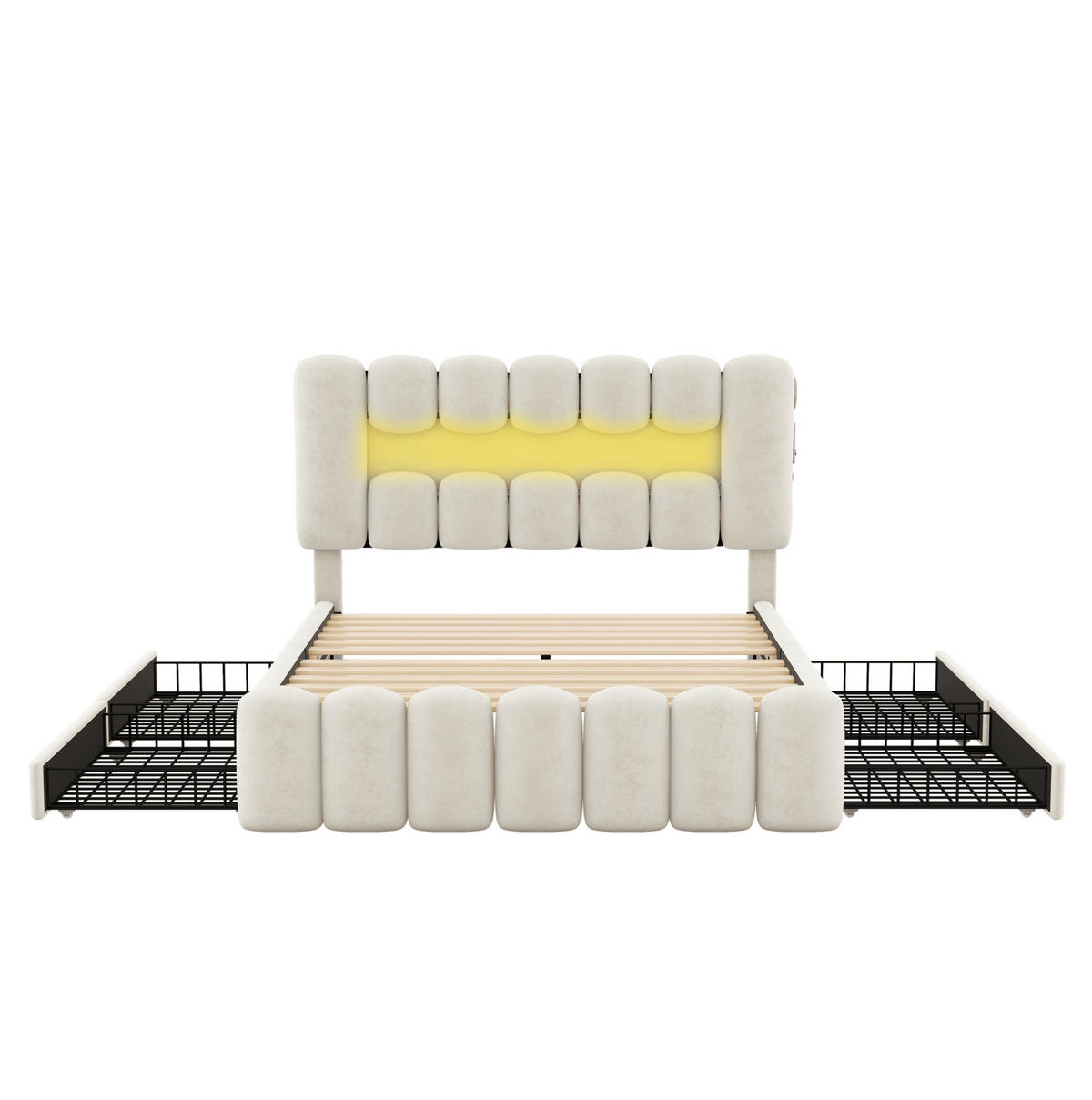 SAMT-POLSTERBETT 140/200 cm mit LED-Beleuchtung, USB und 4 Schubladen - Beige, Textil (140/200cm) - BEAOK