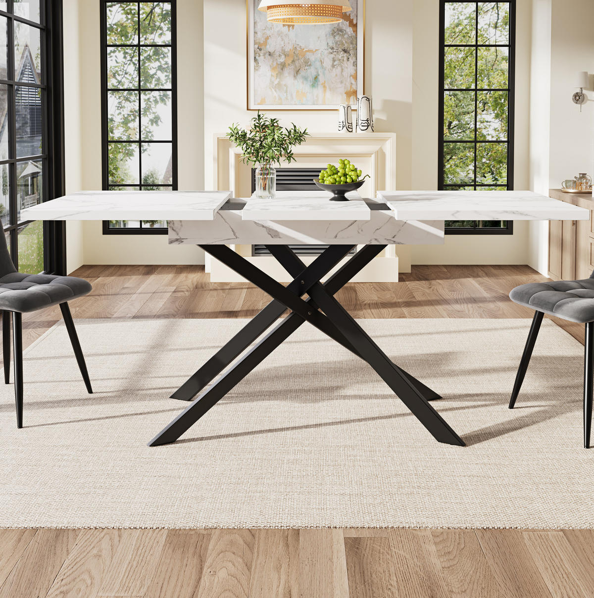 ESSTISCH 120-160/76,5/80 cm Weiß/Schwarz aus MDF und Metall mit Ausziehfunktion - Weiß, Holzwerkstoff (160/80/76.5cm) - OKMYHOME