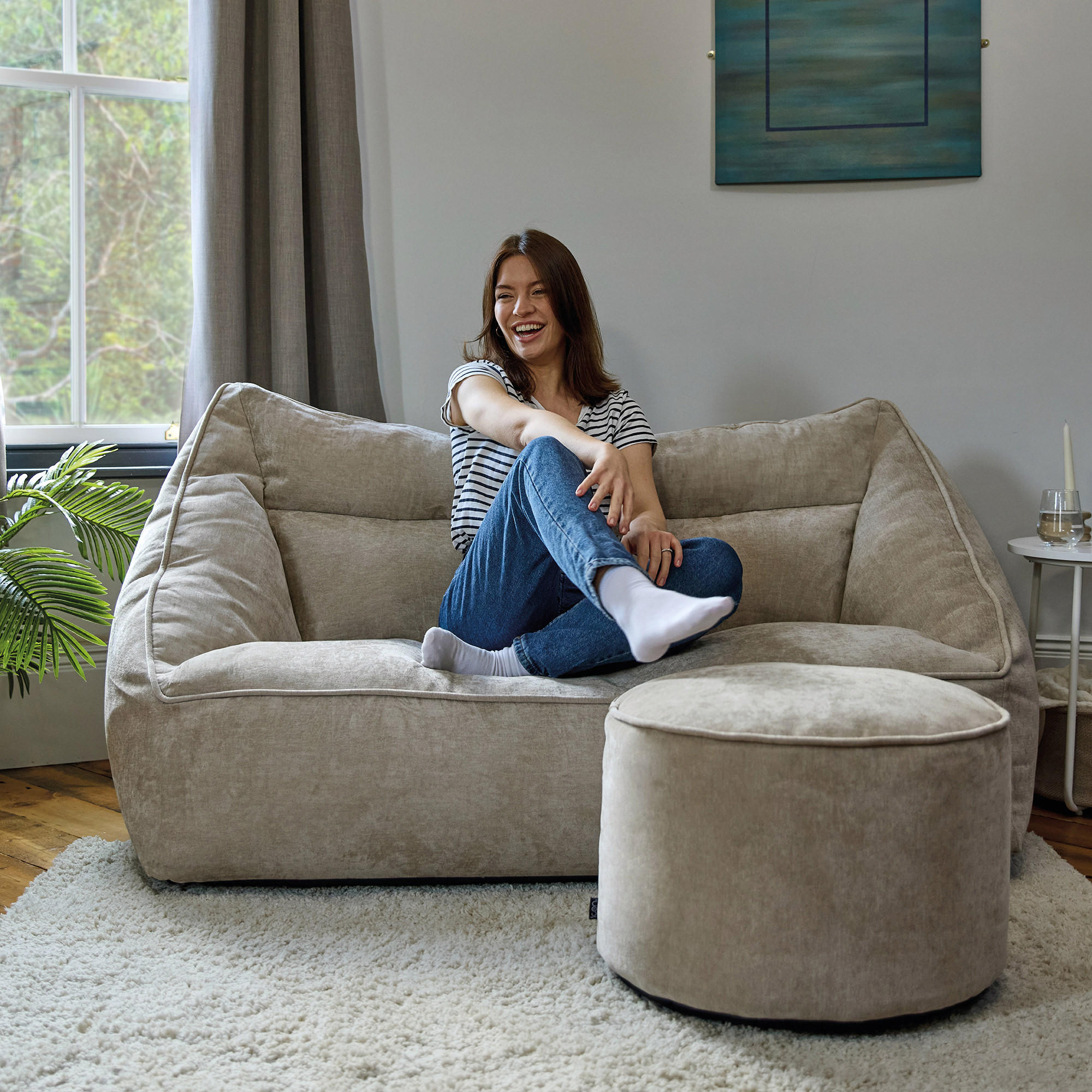 SITZSACK Chenille-Sofa icon Cecilia und Fußhocker-Sitzsack Milano im 2-teiligen Set, naturfarben - Beige, Kunststoff/Textil (160/70/93cm) - icon