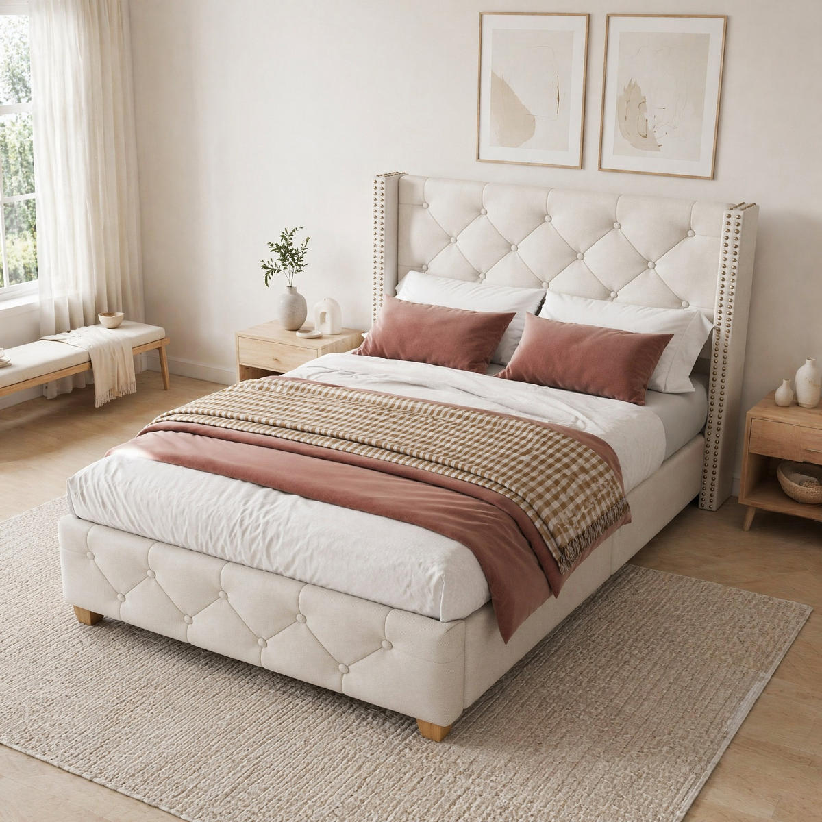POLSTERBETT 90/200 mit Knopfpolsterung und Nieten aus Leinen in Beige - Beige, Holzwerkstoff/Textil (90/200cm) - EVRYAE