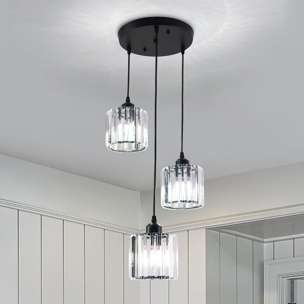 PENDELLEUCHTE Schwarz Modern 3-flammig, Kristall Innenleuchte - Schwarz, Naturmaterialien (15/13/50cm) - Weltevree