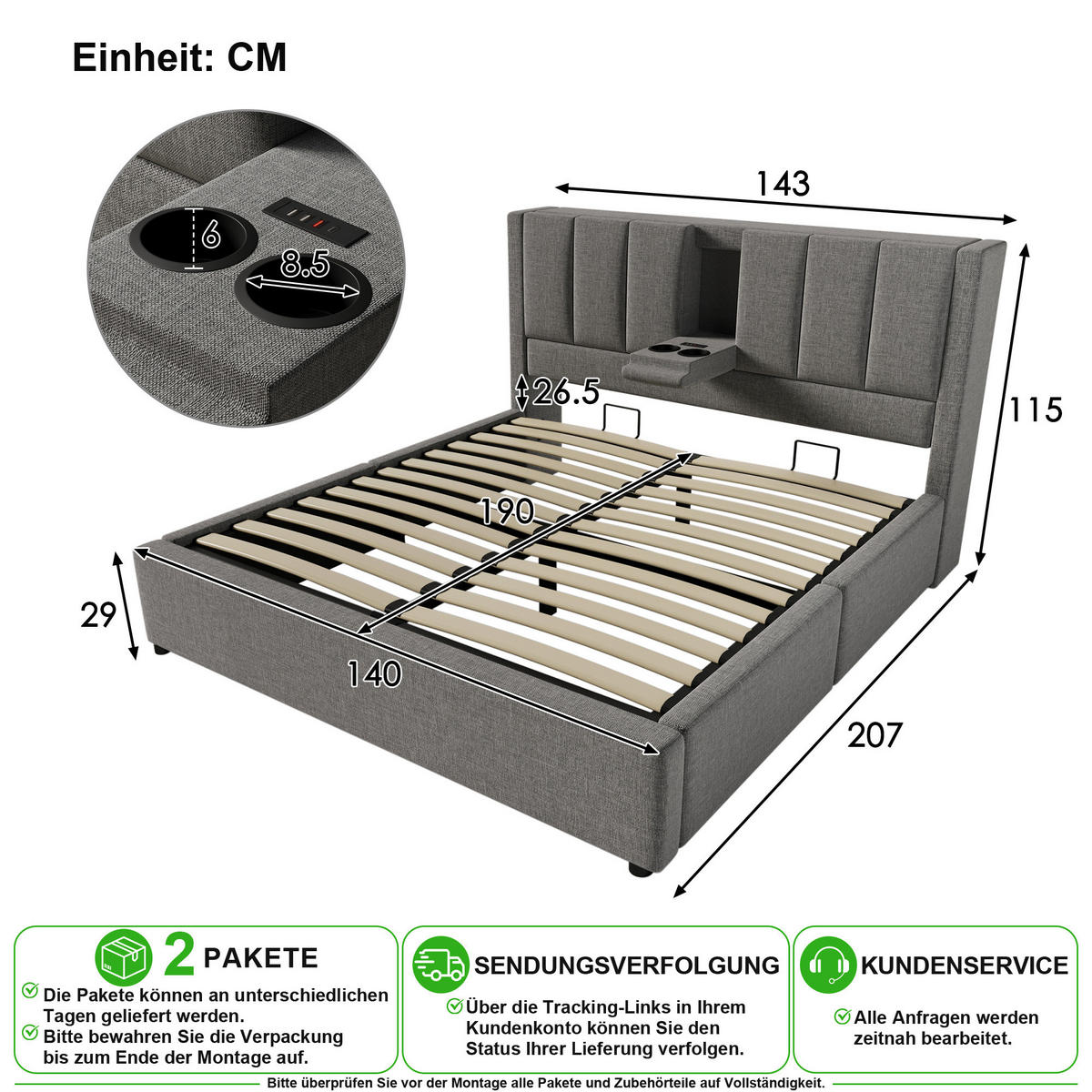 POLSTERBETT 140/190 cm in Grau Leinen mit Stauraum, USB, Type-C und Becherhalter - Grau, Holzwerkstoff/Textil (140/190cm) - CHICFURN