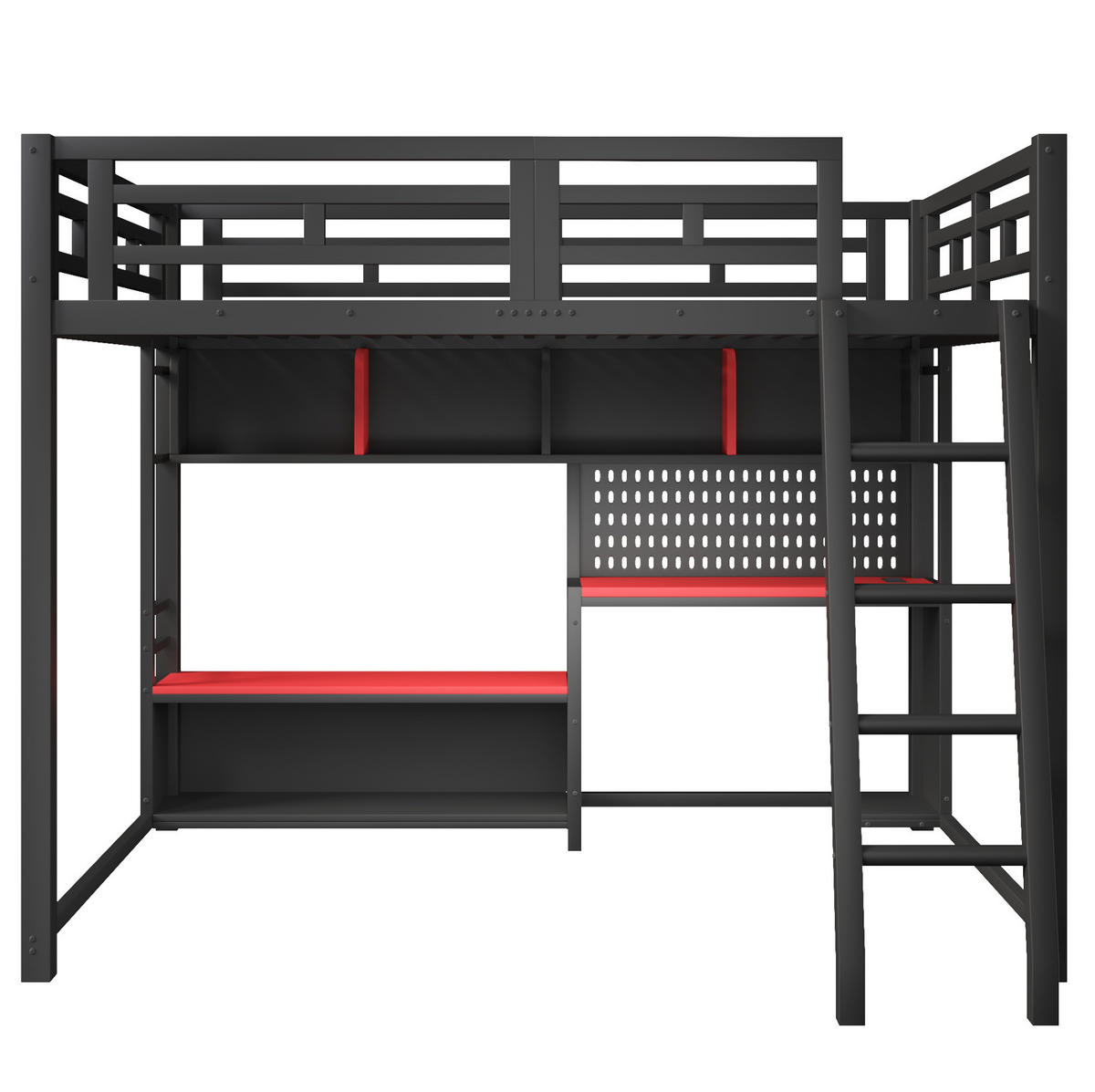 HOCHBETT aus MDF und Metall 140x200 cm Schwarz mit Schreibtisch, LED-Beleuchtung und Regalen - Schwarz, Holzwerkstoff (140/200cm) - Modfu