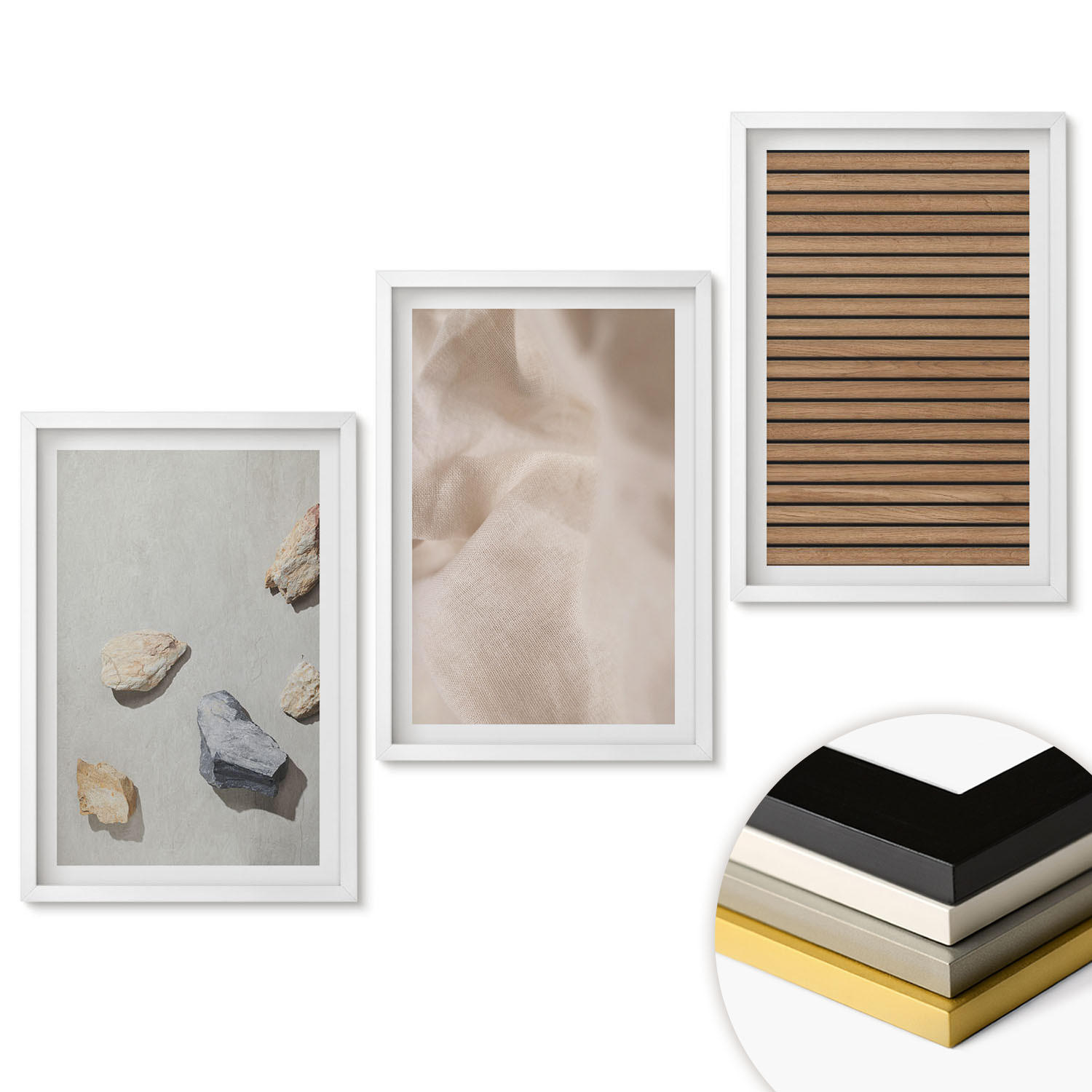 WANDBILDER 3er-Set - 40x60 cm Weißer Rahmen - Steine, Holz, Stofftexturen - Weiß, Kunststoff (40/60cm) - ArtPrintCave