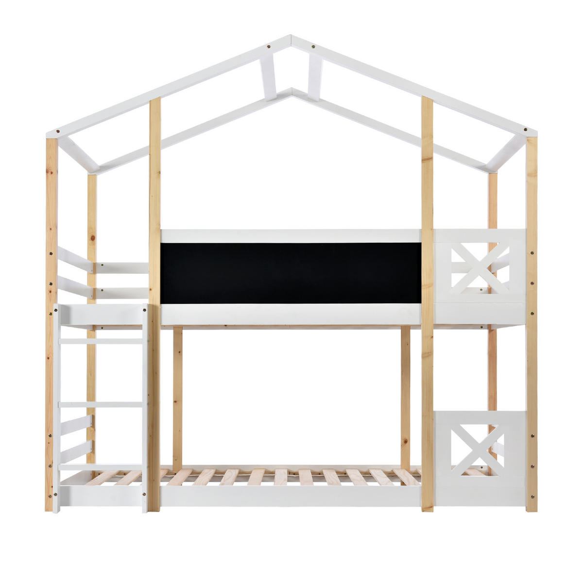 HOCHBETT 90/200 cm aus Massivholz mit Tafel, Leiter und umlaufendem Fallschutz, Weiß - Weiß, Holz - Redom