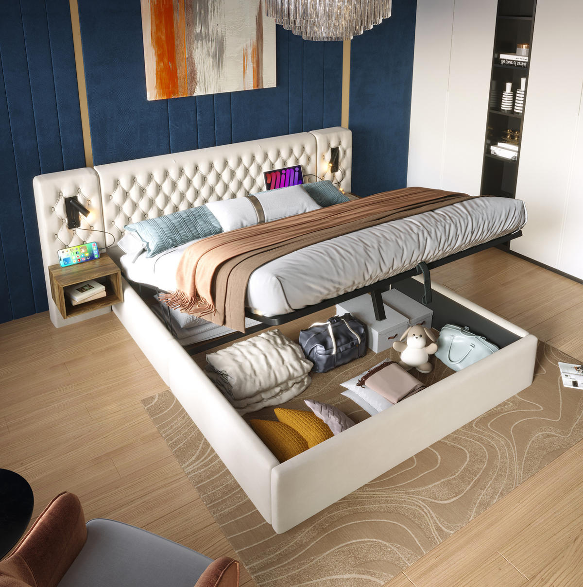 BETT mit hydraulischem Stauraum 160x200 cm Samt Beige mit Matratze und 2 Nachttischen - Beige, Metall (160/200cm) - Beauniv