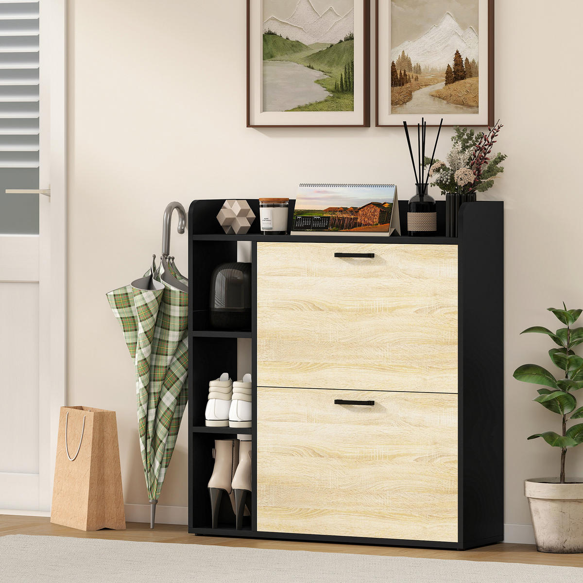 SCHUHSCHRANK Natur und Schwarz Holzwerkstoff klappbar mit Fächern 1 Stück - Naturfarben, Holzwerkstoff (83/90.5/24cm) - PANGIVO