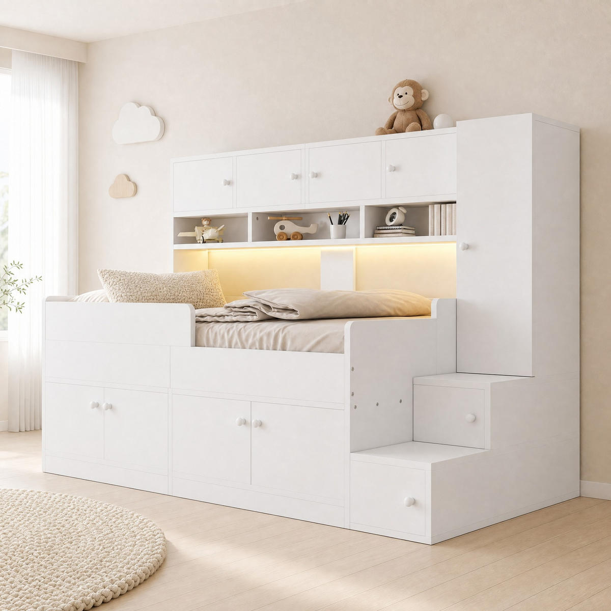 HOCHBETT 90/200 mit Stauraum, Schrank und LED-Beleuchtung in Weiß - Weiß, Holzwerkstoff (90/200cm) - EVRYAE