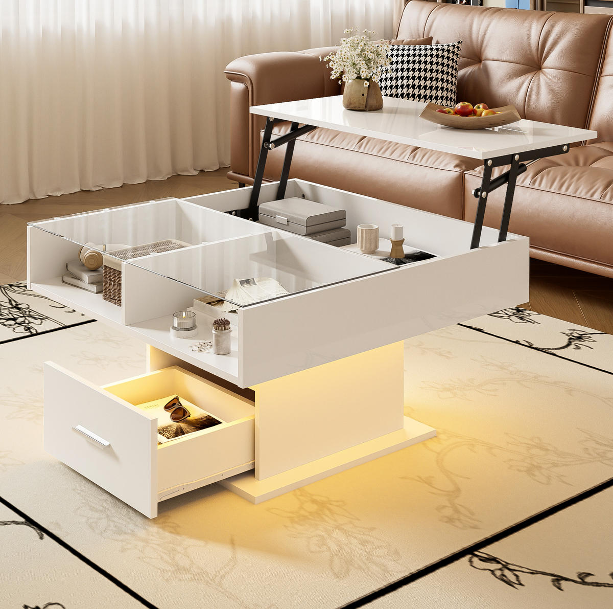 COUCHTISCH 78/78/45.5/59.5 cm Weiß aus Spanplatte mit LED-Beleuchtung und Stauraum - Weiß, Holzwerkstoff (78/78/45cm) - OKMYHOME
