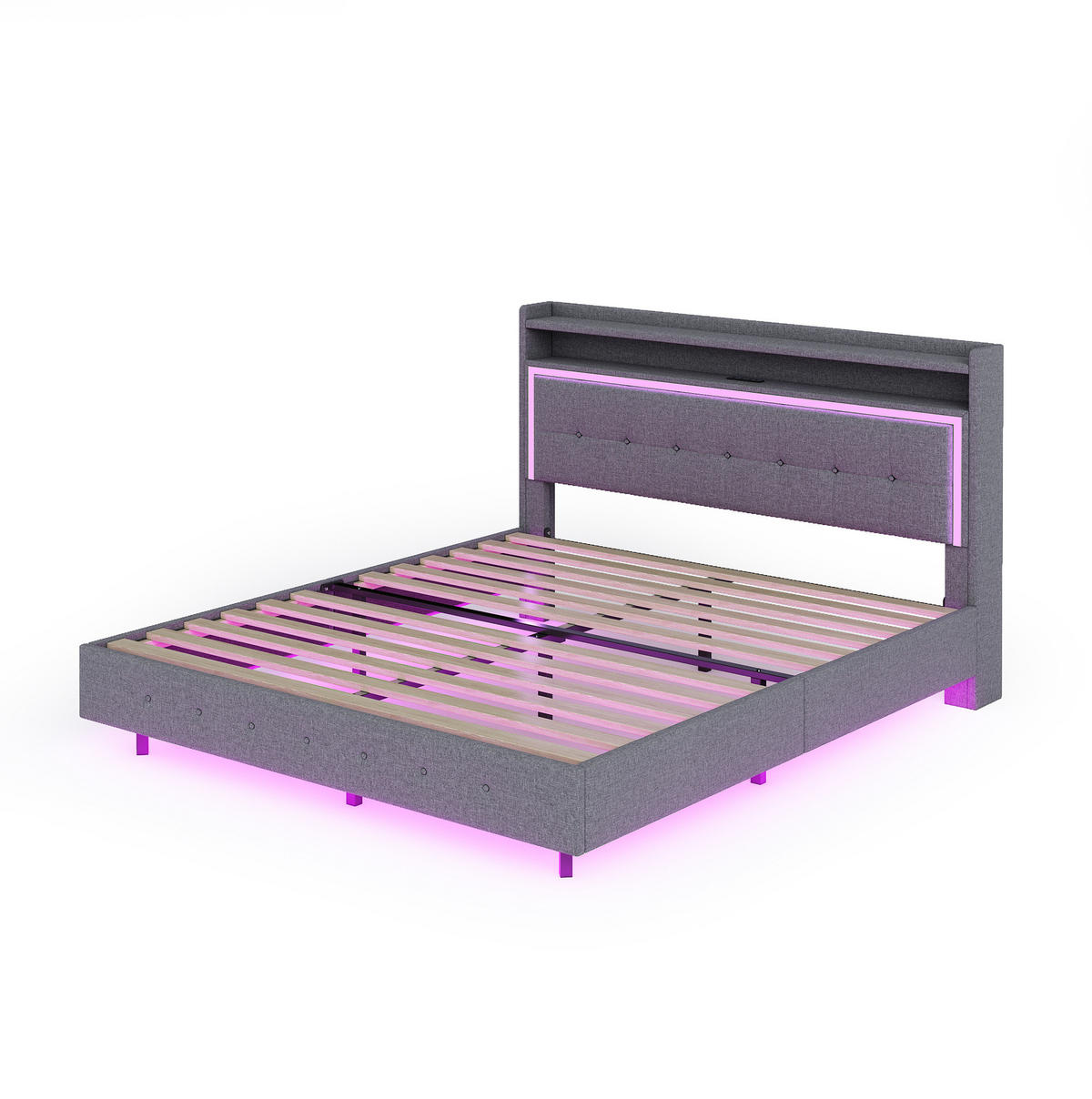 POLSTERBETT 140/200 cm mit LED-Beleuchtung und USB, gepolstertem Kopfteil - Grau, Textil (140/200cm) - BEAOK