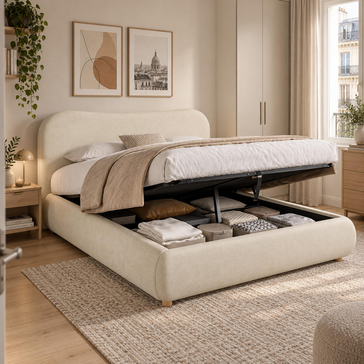 POLSTERBETT aus Chenille 160x200 cm Beige mit hydraulischem Bettkasten und Lattenrost - Beige, Textil (160/200cm) - Modfu