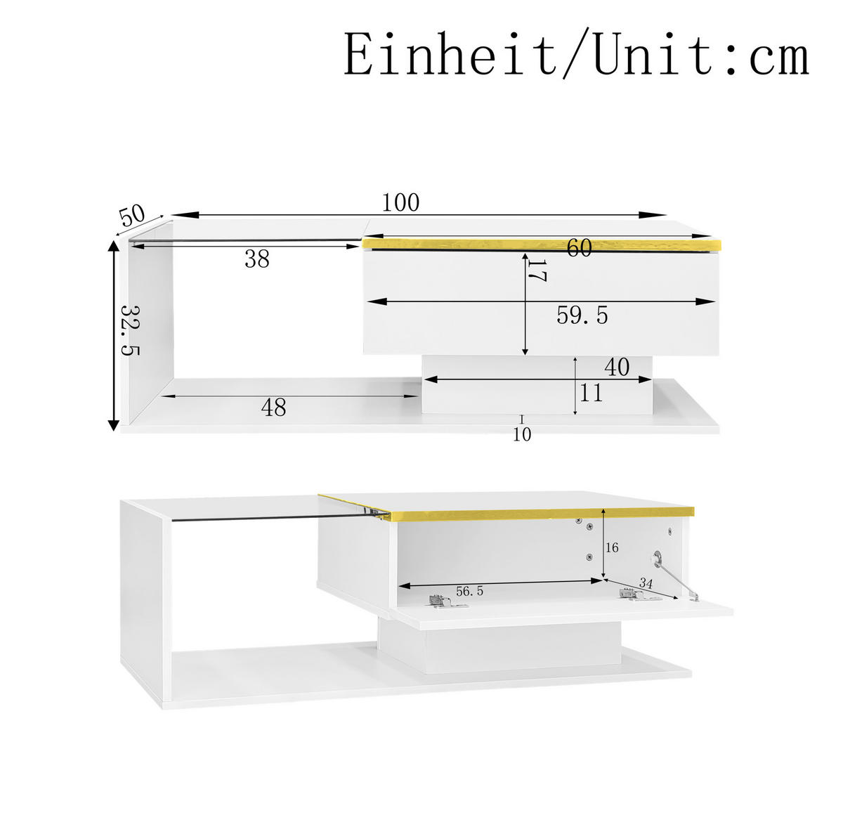 KONFERENČNÍ stolek 100/50/32,5 cm bílý s LED a skleněnou deskou - bílá, kompozitní dřevo (100/50/32.5cm) - BEAOK