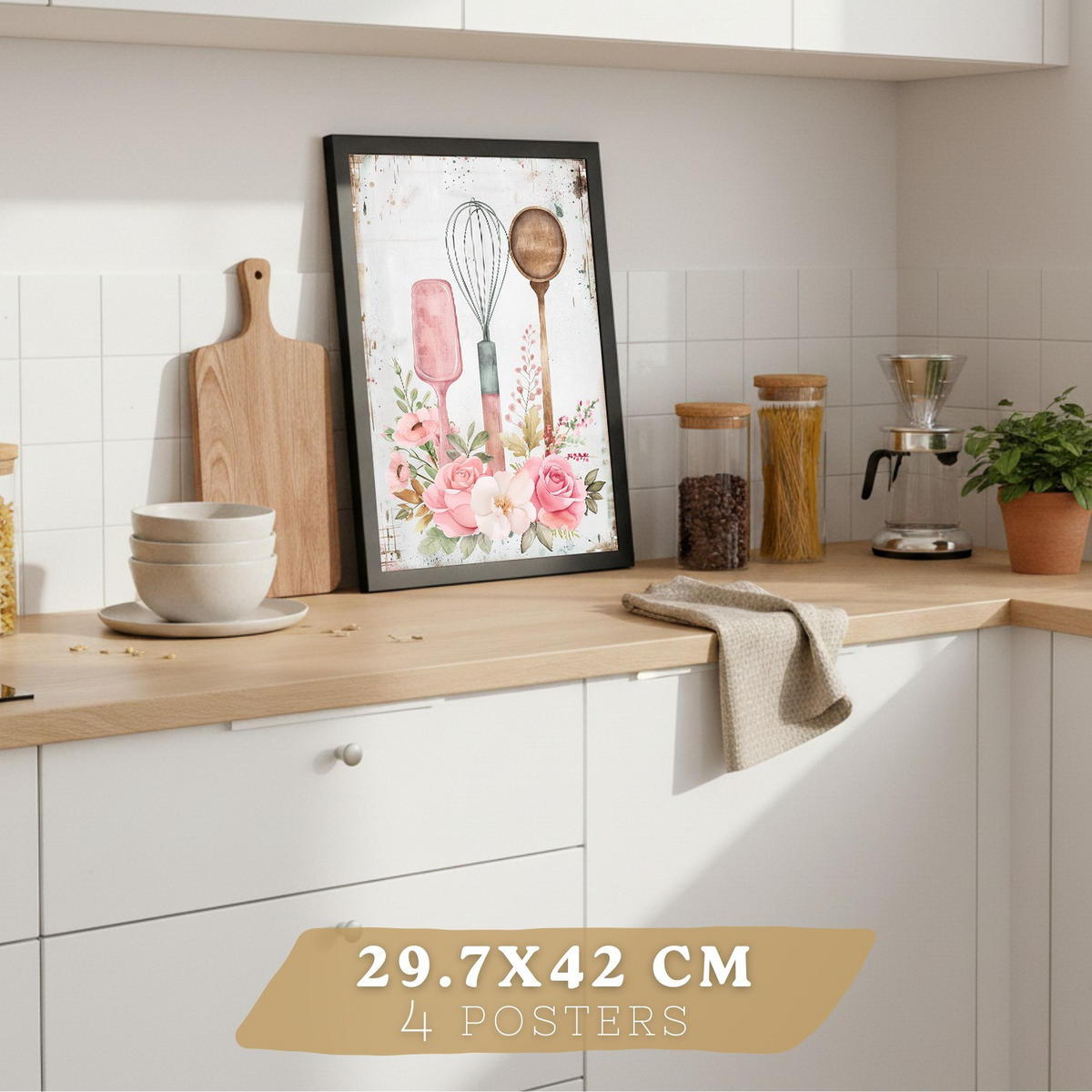 PLAKAT Sada 4 Pečení A4 Černý rám - černá, papír (29.7/1/21cm) - Nacnic