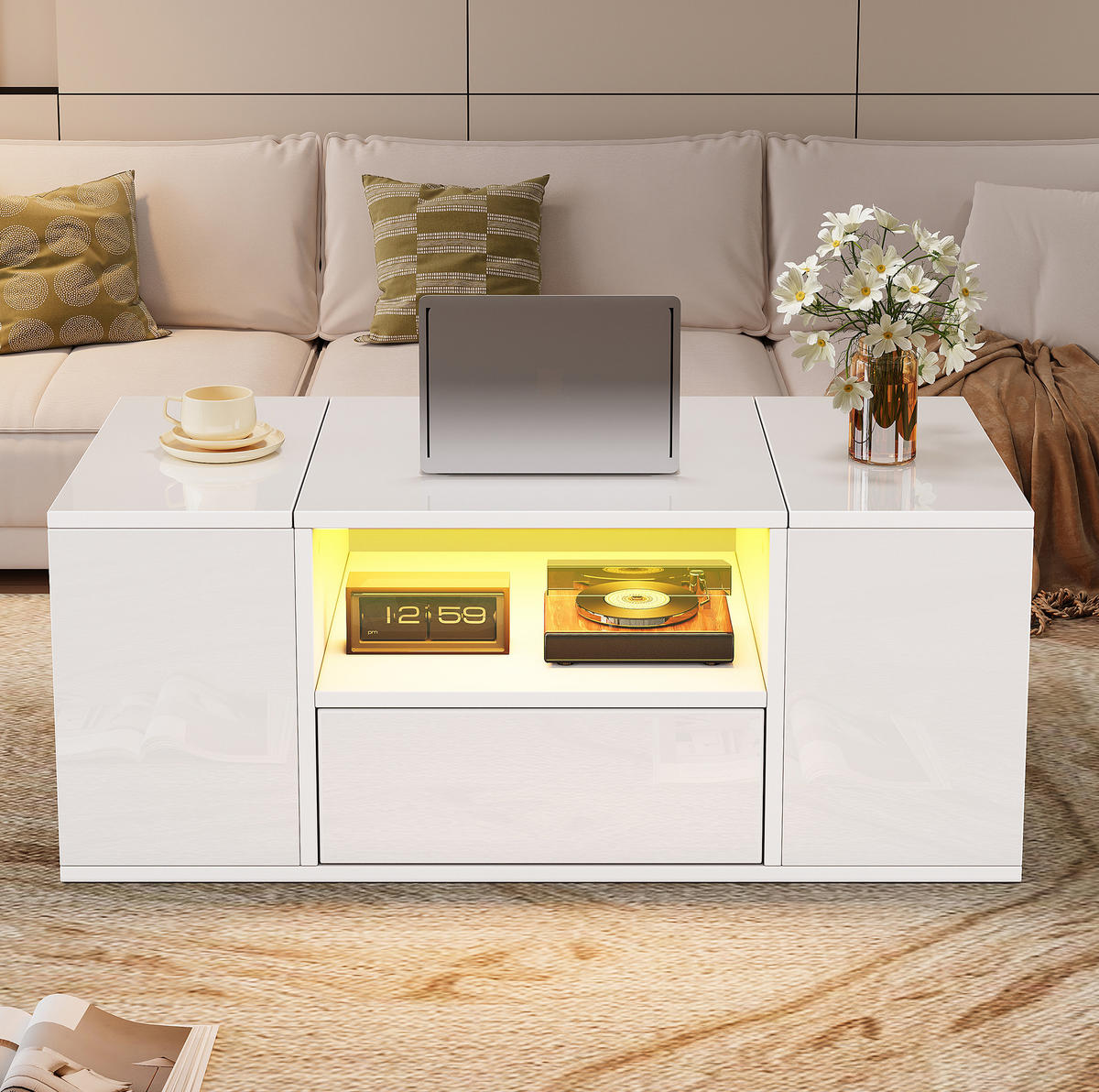 COUCHTISCH 100/50 cm mit LED-Beleuchtung, Schublade und 6 Staufächern - Weiß, Holzwerkstoff (100/50/40cm) - BEAOK