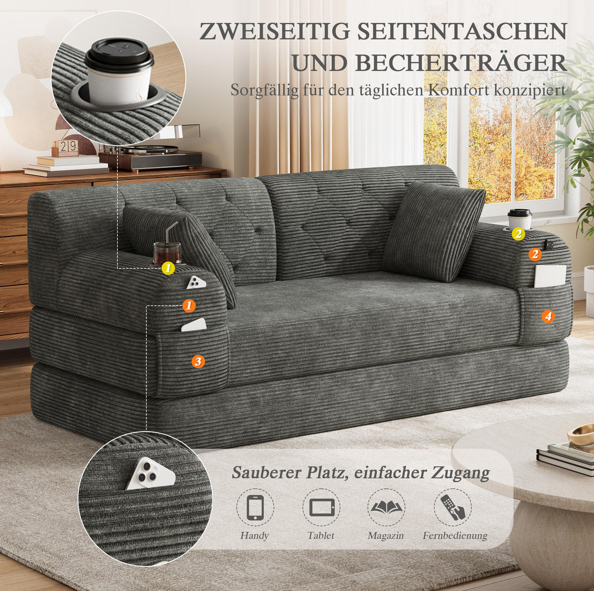 SCHLAFSOFA 2-Sitzer mit Schlaffunktion 168 x 80 cm Cord Dunkelgrau - Dunkelgrau, Kunststoff (80/81/168cm) - Meubliv