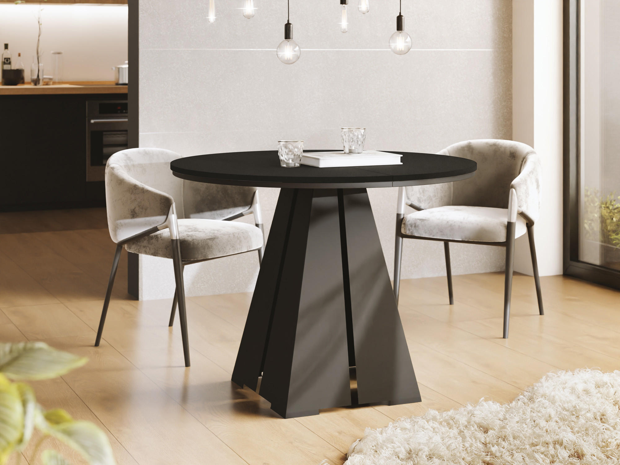 ESSTISCH Kova runder ausziehbarer, Schwarz 120-200/120/76 cm - Schwarz, Holzwerkstoff/Metall (120/120/76cm) - WFL GROUP