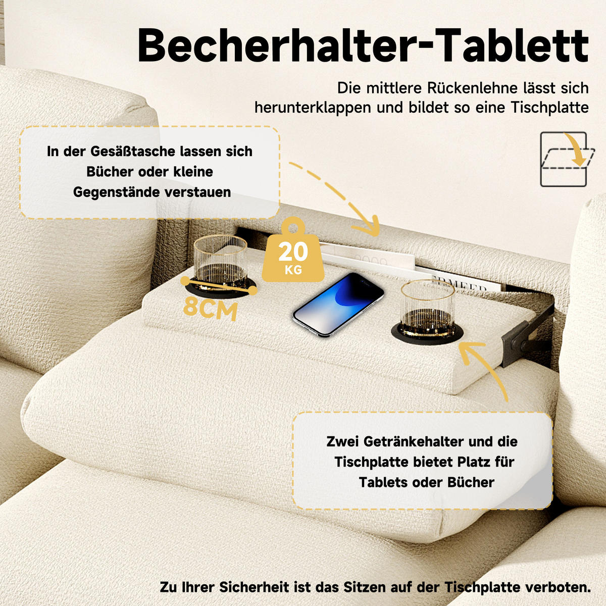 3-SITZER Sofa Chenille mit Klapptisch USB-Anschluss und Stauraum 242/80/88 cm Beige - Beige, Kunststoff/Textil (80/88/242cm) - Redom