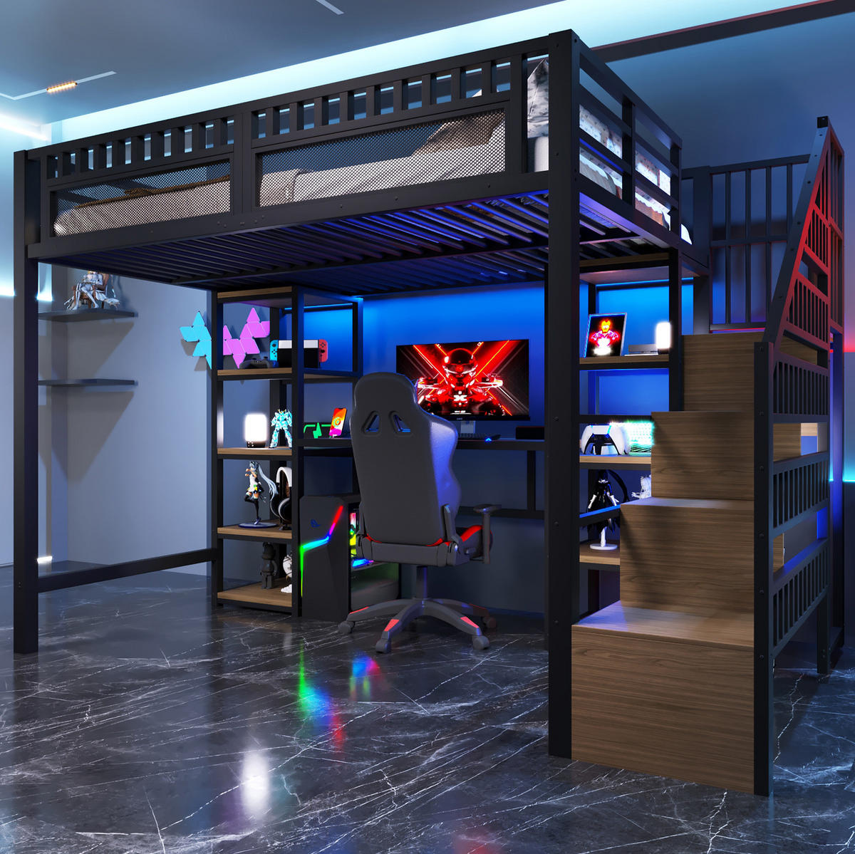HOCHBETT aus Metall und MDF 140x200 cm Schwarz mit Schreibtisch, Stauraumtreppe, LED und USB - Schwarz, Metall (140/200cm) - IVMEU