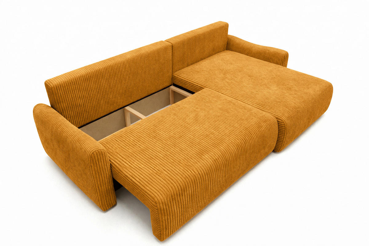 ECKSOFA Mit Schlaffunktion, Cordstoff Poso, Senffarbe, Rechts, JAPANDI - Gelb, Holz (262/145cm) - Kaiser Möbel