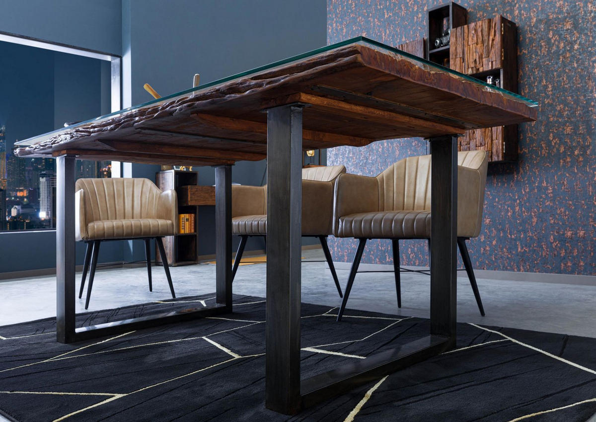 ESSTISCH mit Glas und Altholz 180x90x80,5 braun lackiert SEVILLA #23 - Braun, Holz (180/90/81cm) - Massivmoebel24