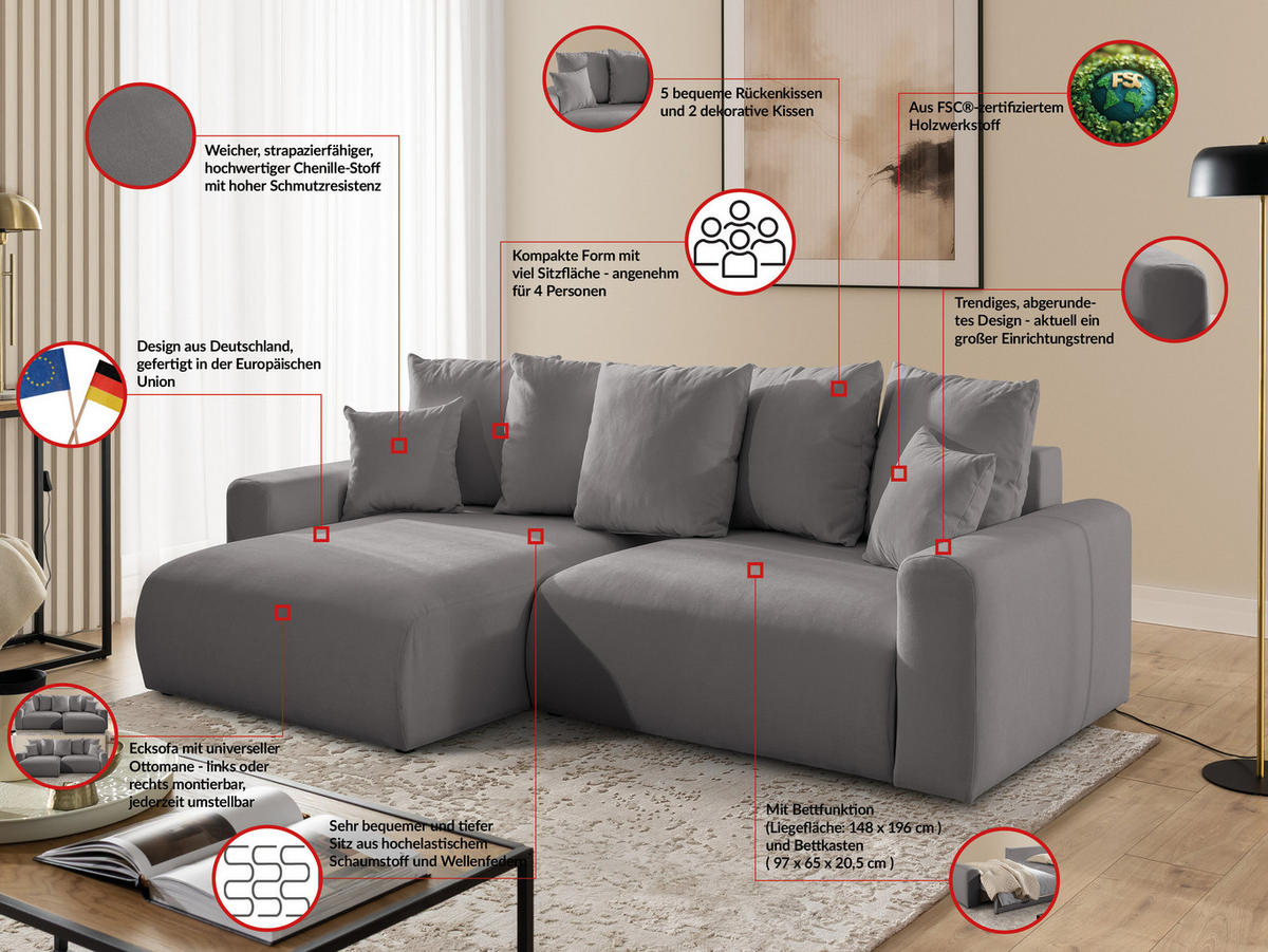 ECKSOFA Calma mit Schlaffunktion und Bettkasten im Bumpy-Design aus weichem Taupe Webstoff - Ottomane links - Taupe/Schwarz, Holz/Kunststoff (239/140cm) - S-Style