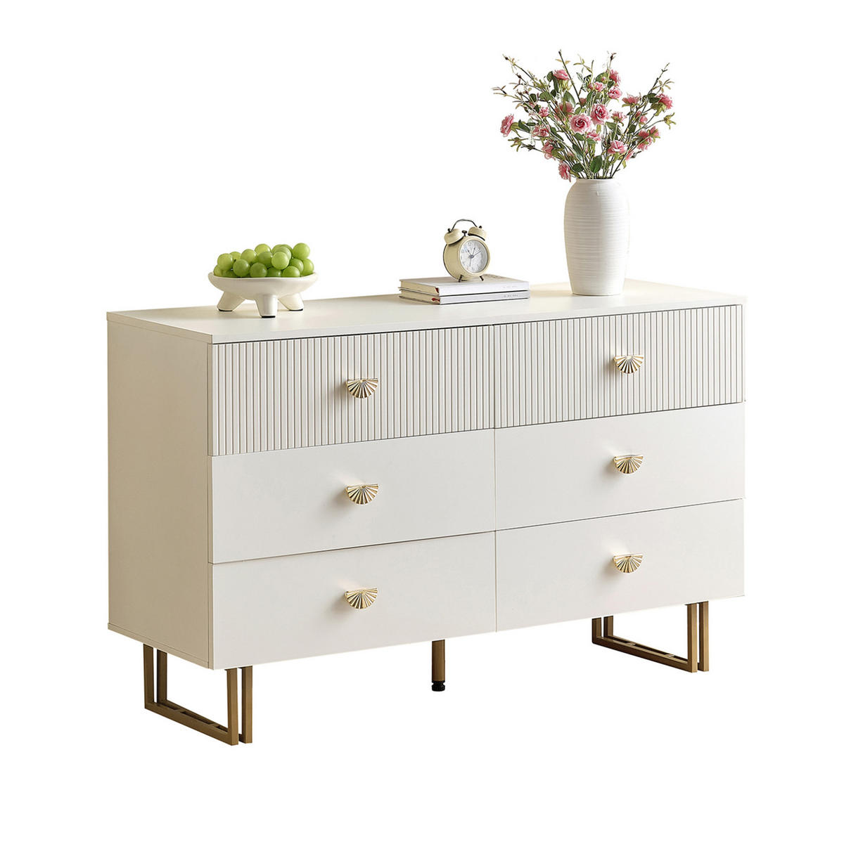 SIDEBOARD mit 6 Schubladen, weißes MDF und goldfarbene Zinkgriffe, 120/40/75 cm,weiß - Weiß, Holzwerkstoff (120/75/40cm) - Redom