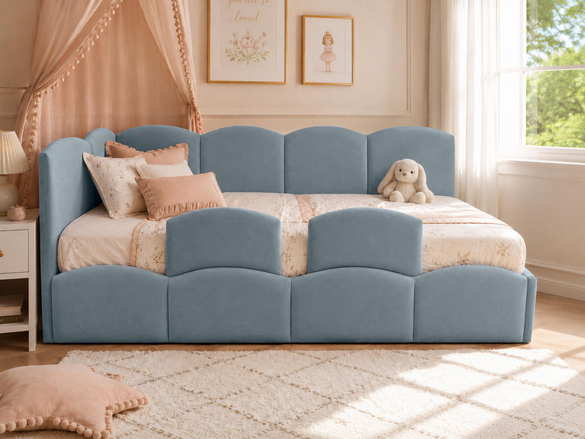 KINDERBETT TIM 90x200 links Hellblau mit Bettkasten & Rausfallschutz - Hellblau, Textil (90/200cm) - KS Home Concept