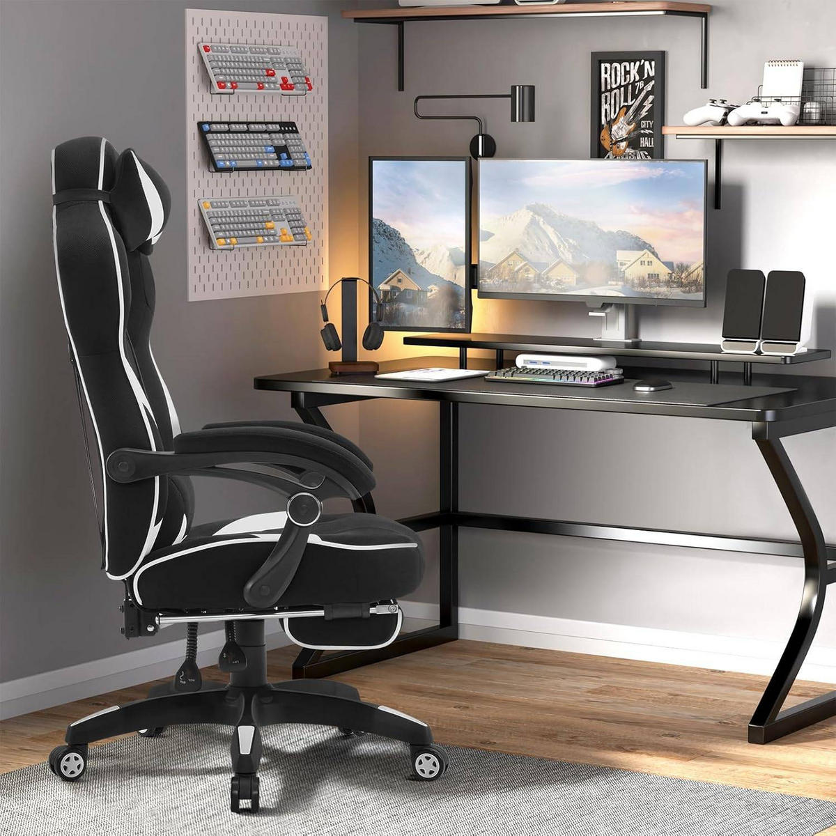 GAMINGSTUHL Stoff Stoff Kühl im Sommer Ergonomischer, 150 kg Belastbarkeit - Schwarz/Weiß, Kunststoff/Textil (70/128/70cm) - Woltu