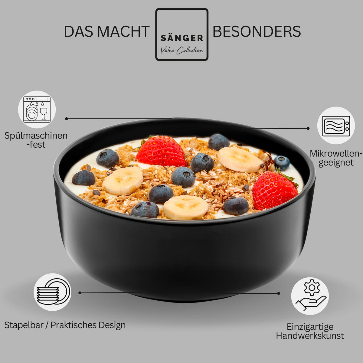 SCHALEN SET MADEIRA - 6 teilig aus Steingut - Schwarz, Keramik (16cm) - Sänger