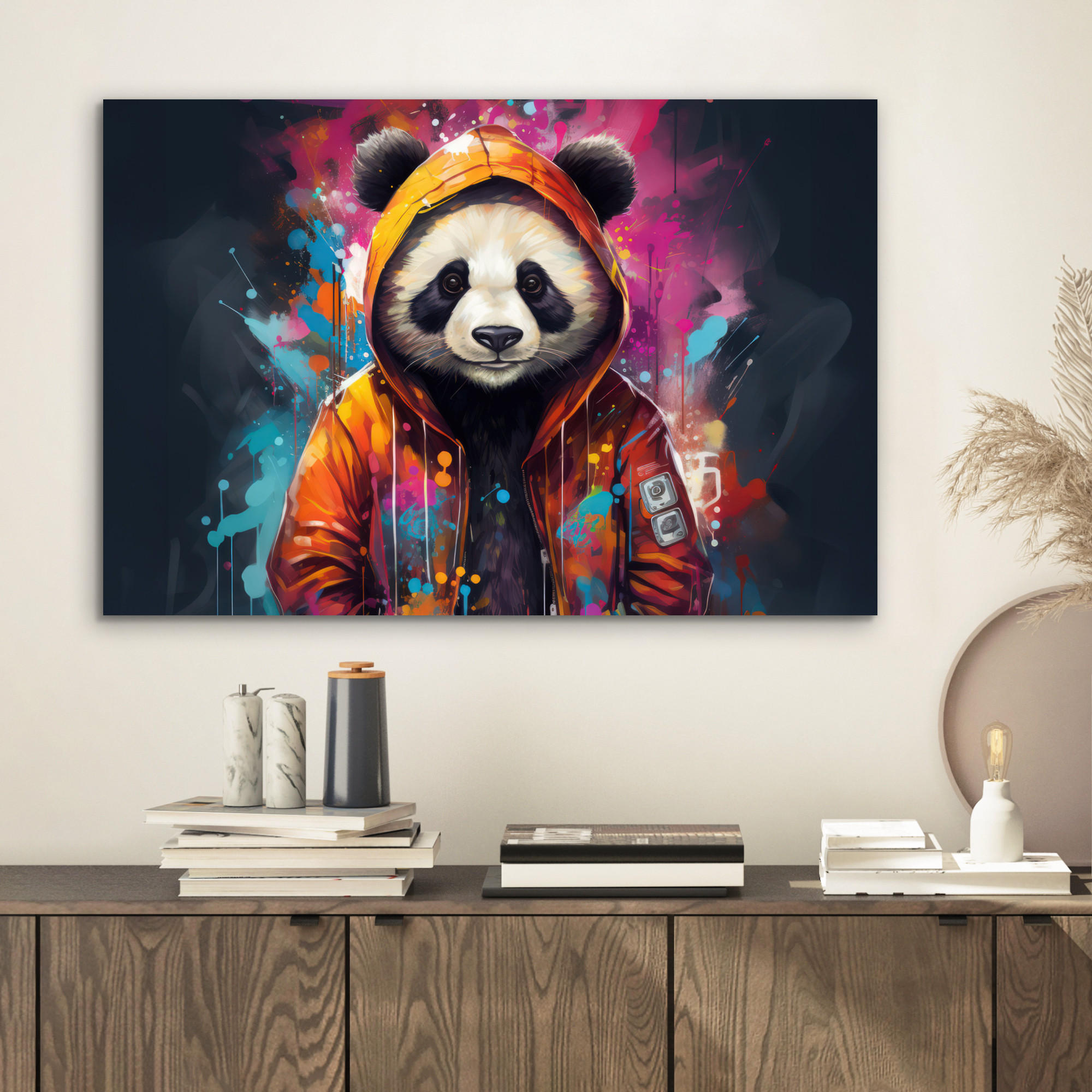 METALLBILD Panda - Jacke - Graffiti - Orange 60x40 cm - Orange, Metall (60/40cm) - MuchoWow